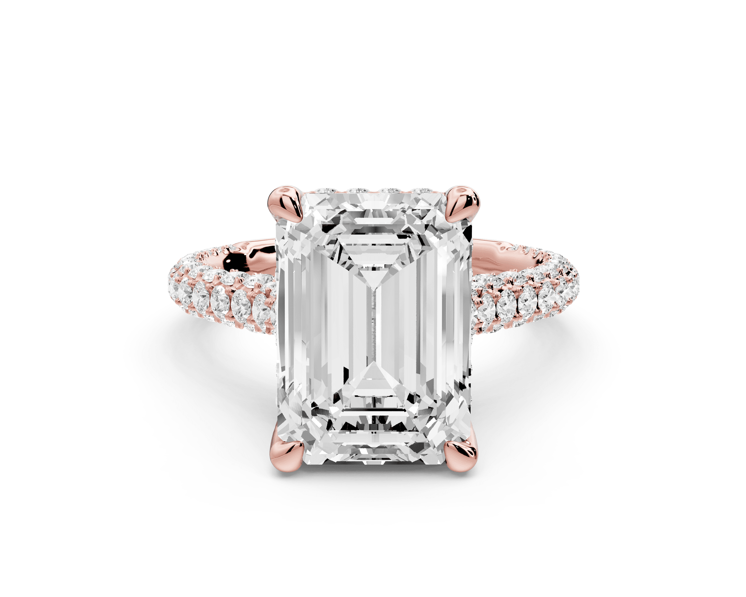 Bianca - 5ct 18k rose gold emerald Diamond hidden halo with a diamond crown and bridge rollover pave cathedral Engagement ring - Mr. Alex Jewelry