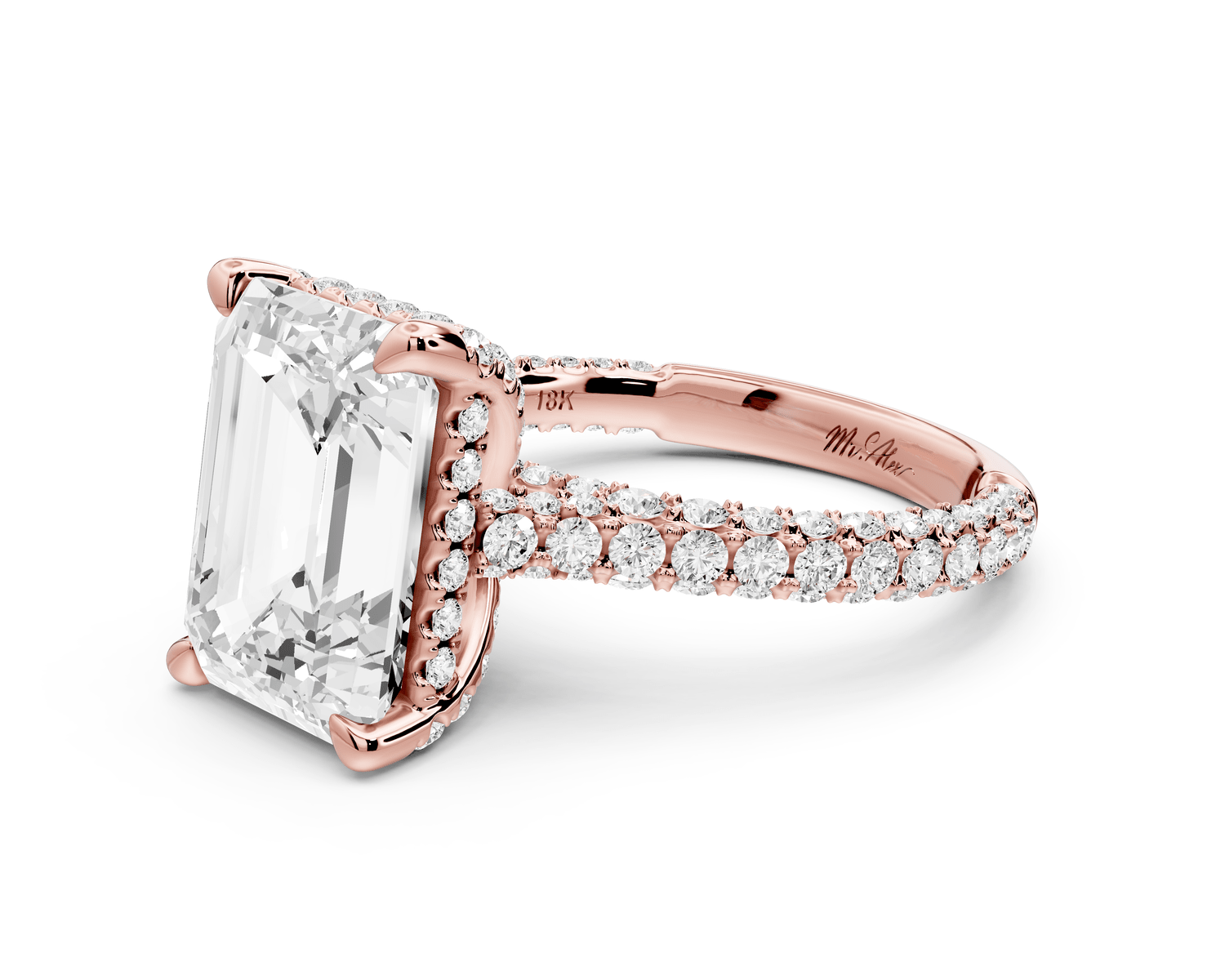 Bianca - 5ct 18k rose gold emerald Diamond hidden halo with a diamond crown and bridge rollover pave cathedral Engagement ring - Mr. Alex Jewelry