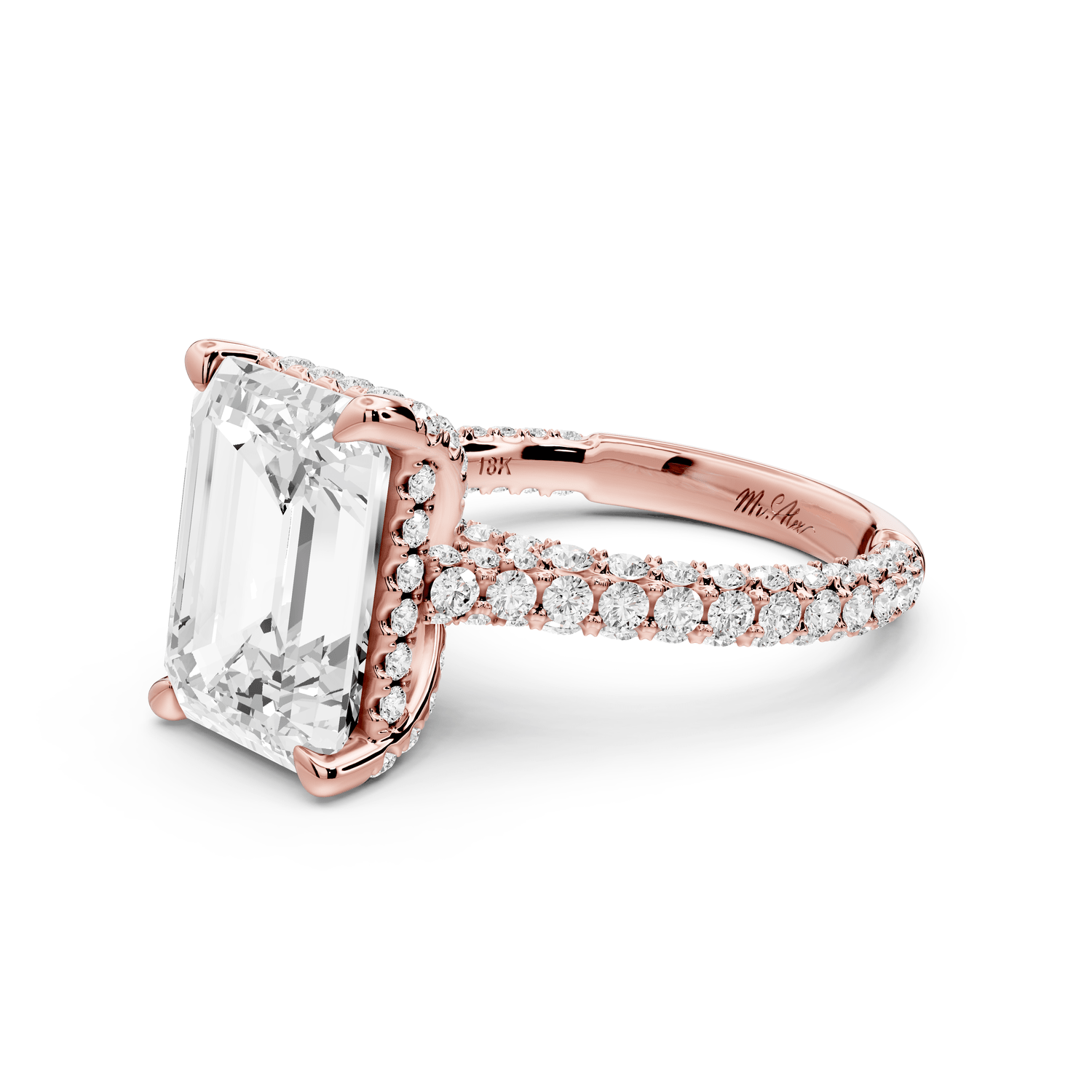 Bianca - 5ct 18k rose gold emerald Diamond hidden halo with a diamond crown and bridge rollover pave cathedral Engagement ring - Mr. Alex Jewelry
