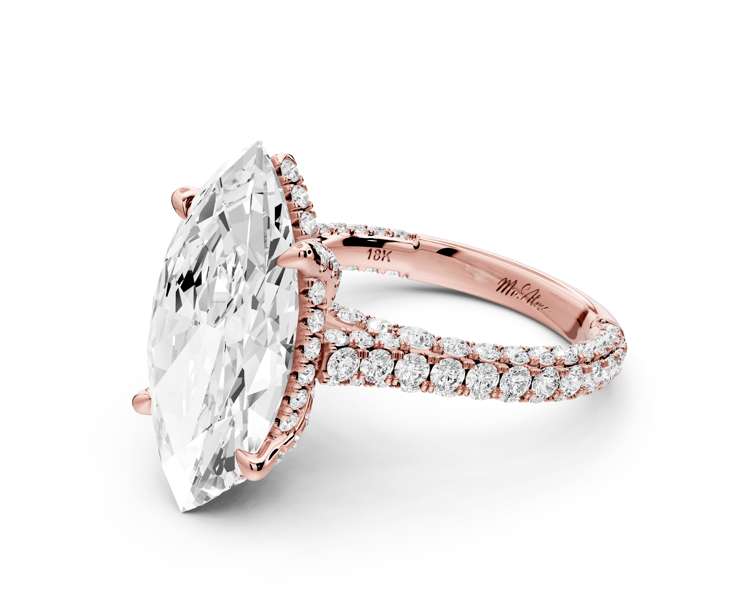 Bianca - 5ct 18k rose gold marquise Diamond hidden halo with a diamond crown and bridge rollover pave cathedral engagement ring - Mr. Alex Jewelry