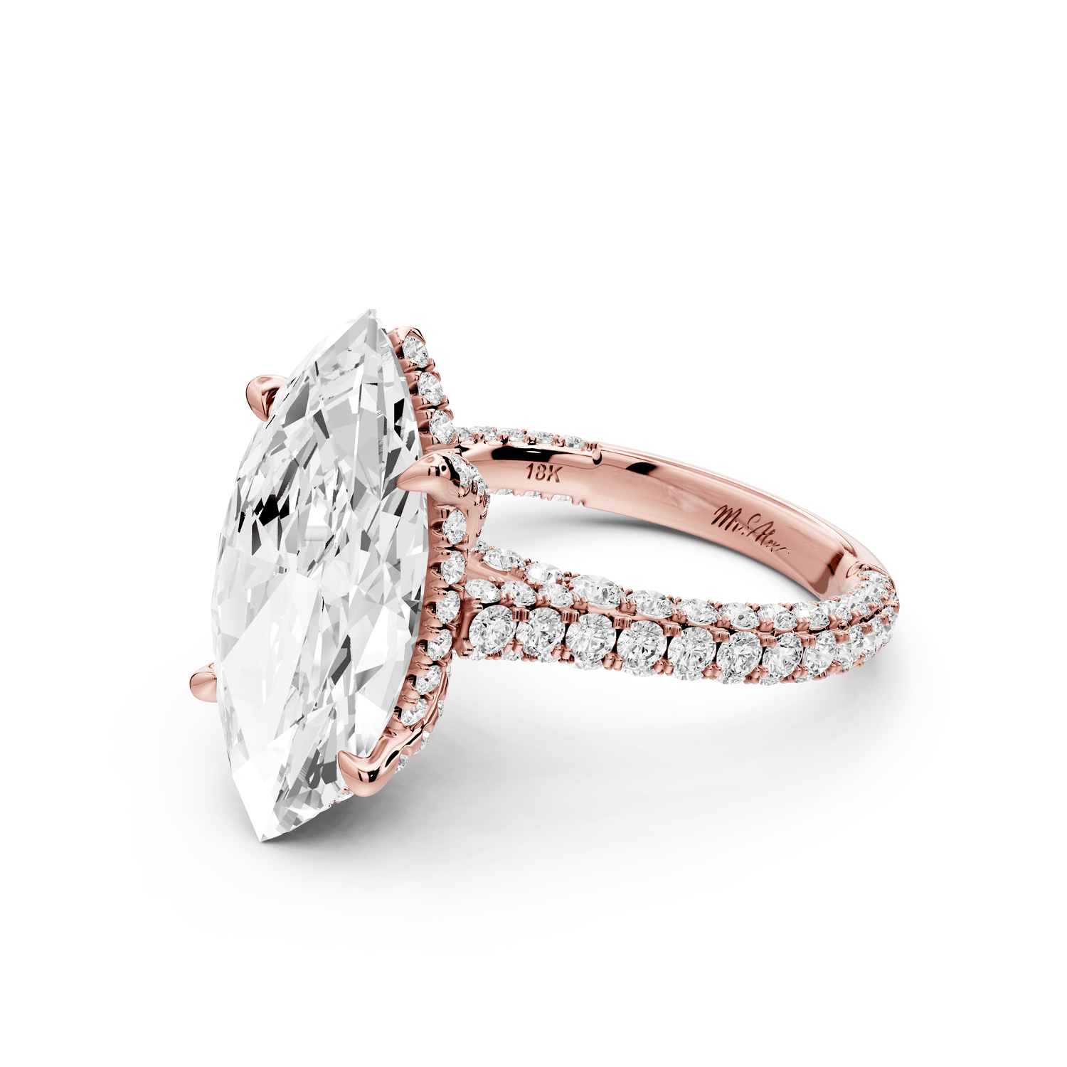 Bianca - 5ct 18k rose gold marquise Diamond hidden halo with a diamond crown and bridge rollover pave cathedral engagement ring - Mr. Alex Jewelry