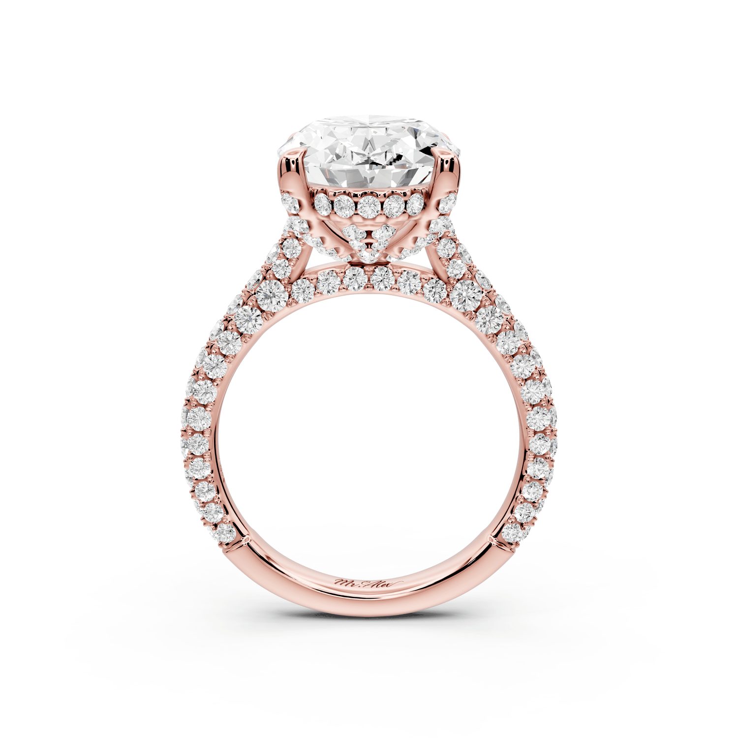 Bianca - 5ct 18k rose gold oval Diamond hidden halo with a diamond crown and bridge rollover pave cathedral Engagement ring - Mr. Alex Jewelry
