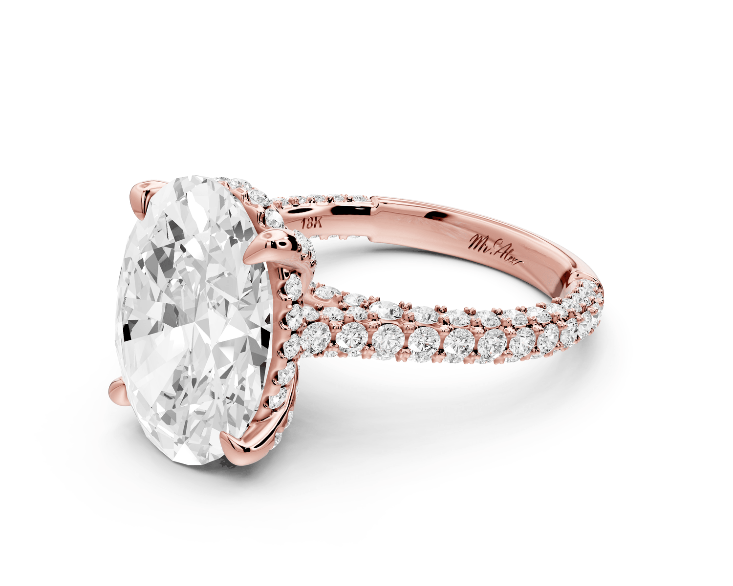 Bianca - 5ct 18k rose gold oval Diamond hidden halo with a diamond crown and bridge rollover pave cathedral Engagement ring - Mr. Alex Jewelry