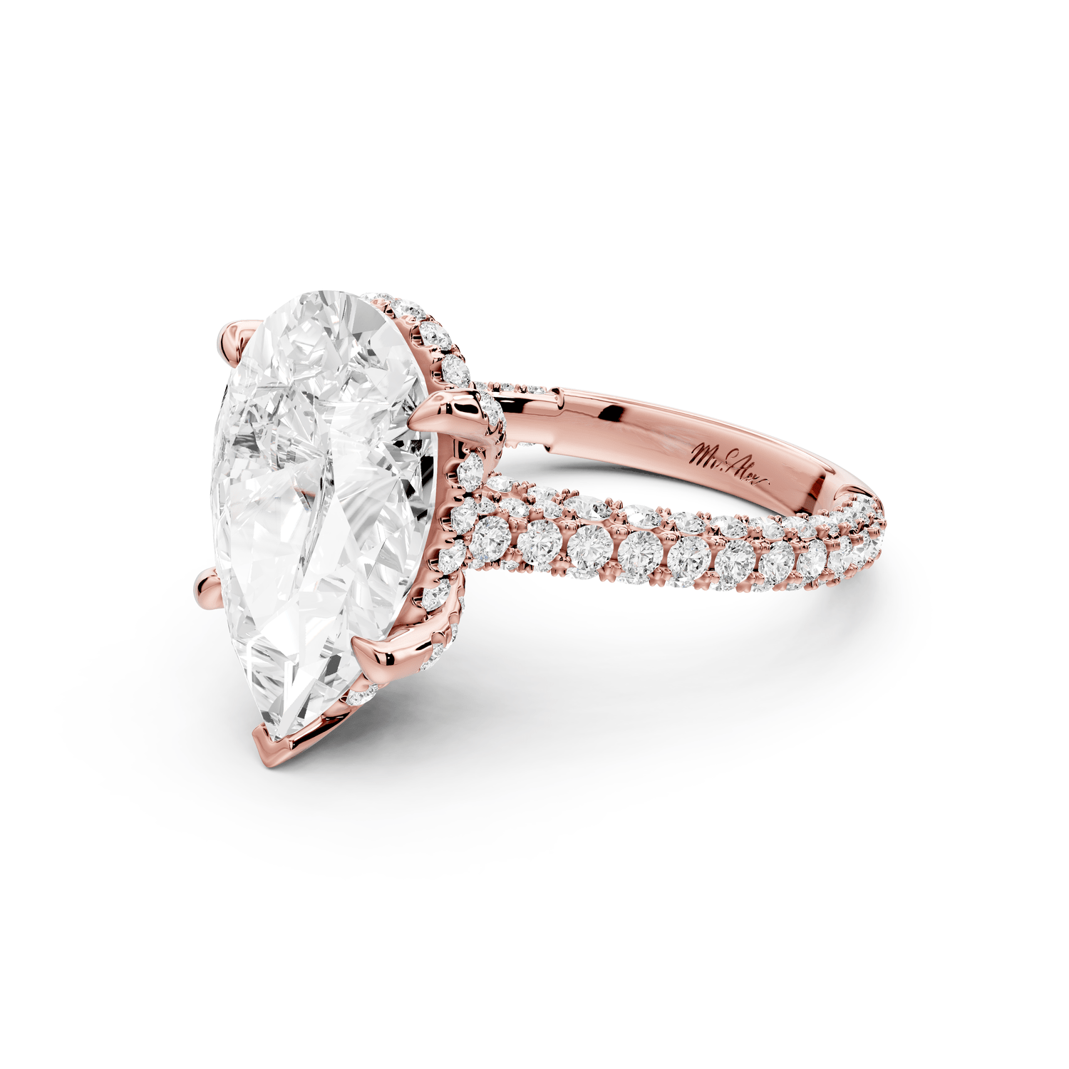Bianca - 5ct 18k rose gold pear Diamond hidden halo with a diamond crown and bridge rollover pave cathedral Engagement ring - Mr. Alex Jewelry