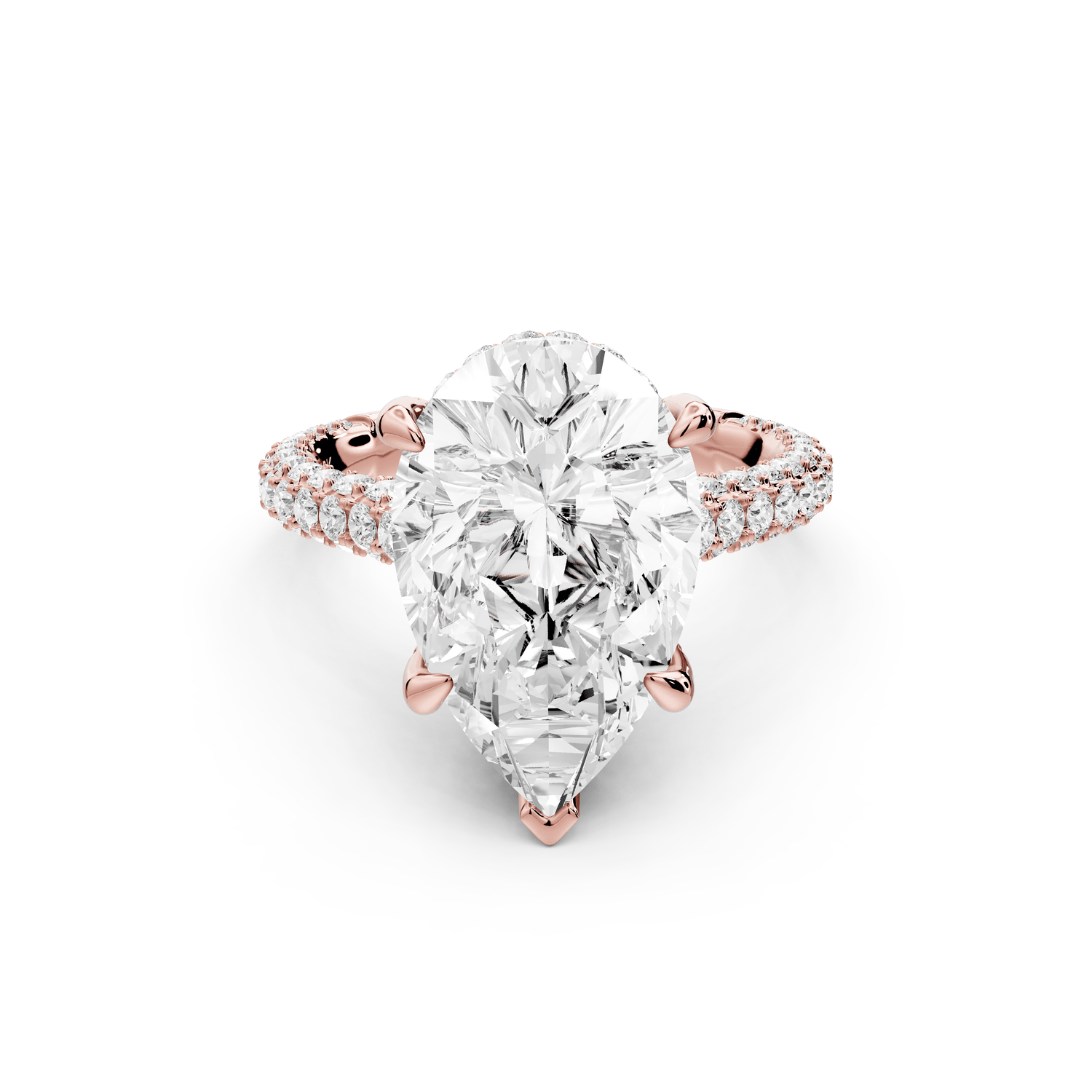Bianca - 5ct 18k rose gold pear Diamond hidden halo with a diamond crown and bridge rollover pave cathedral Engagement ring - Mr. Alex Jewelry