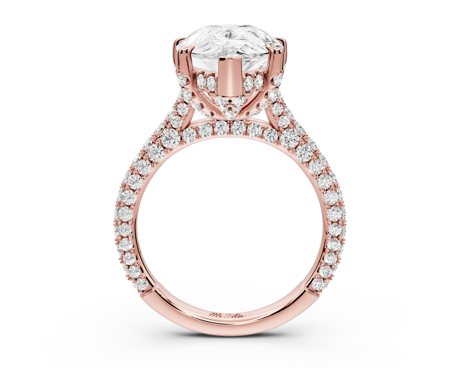 Bianca - 5ct 18k rose gold pear Diamond hidden halo with a diamond crown and bridge rollover pave cathedral Engagement ring - Mr. Alex Jewelry