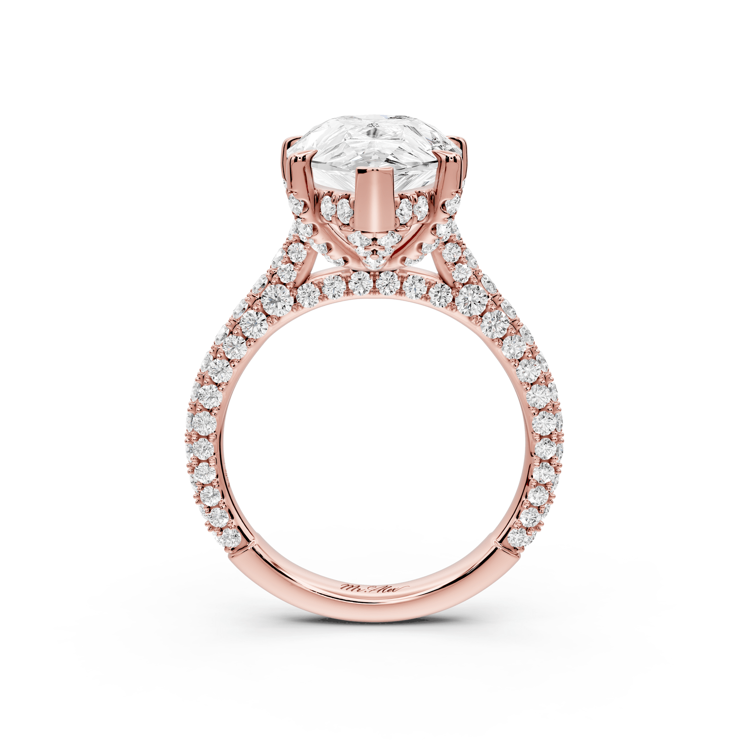 Bianca - 5ct 18k rose gold pear Diamond hidden halo with a diamond crown and bridge rollover pave cathedral Engagement ring - Mr. Alex Jewelry