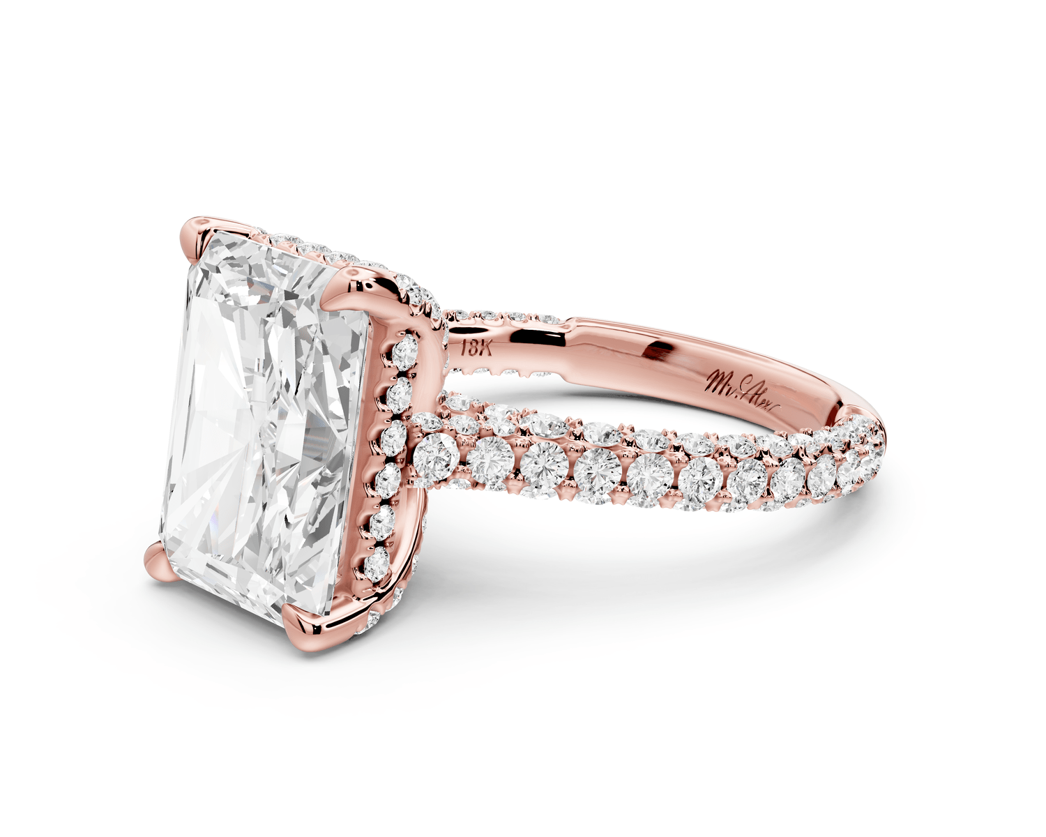 Bianca - 5ct 18k rose gold radiant Diamond hidden halo with a diamond crown and bridge rollover pave cathedral engagement ring - Mr. Alex Jewelry