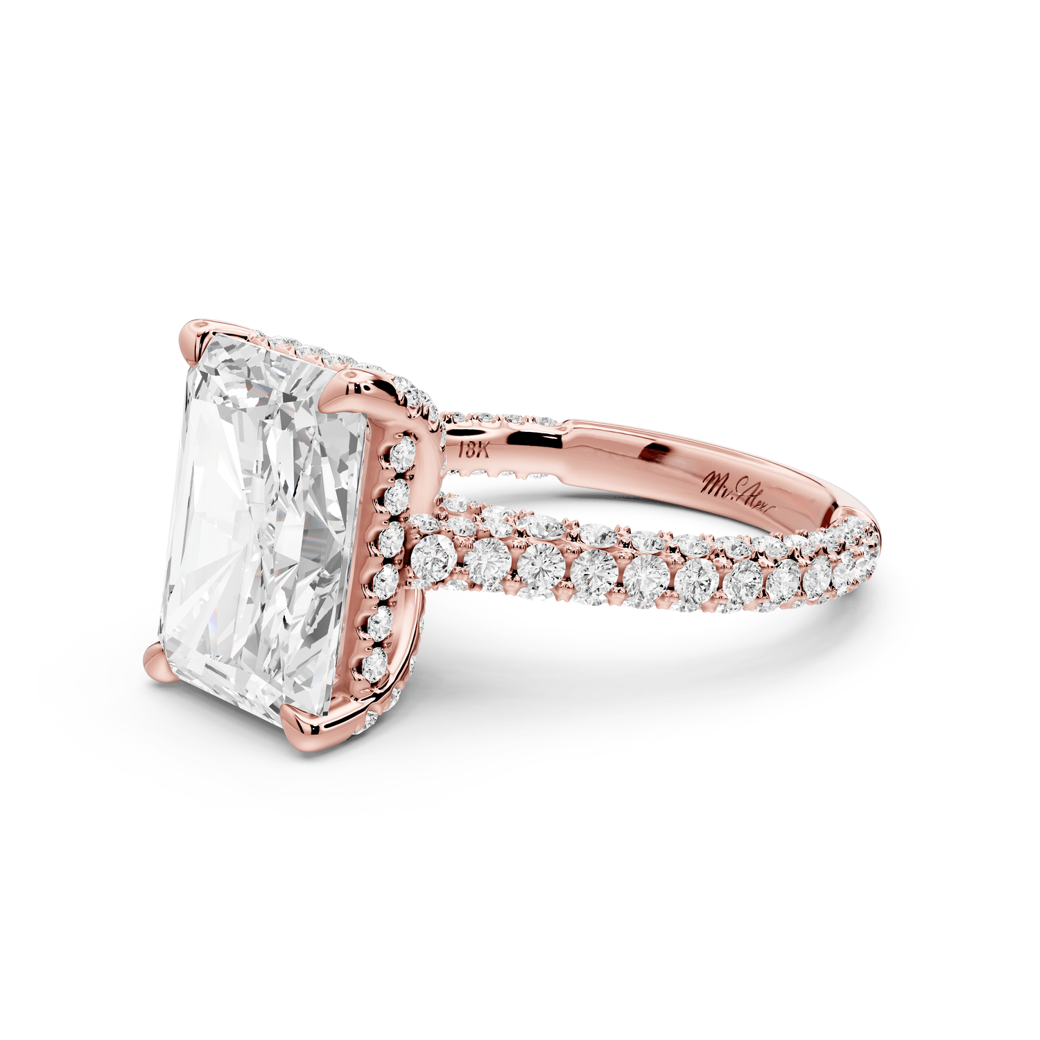 Bianca - 5ct 18k rose gold radiant Diamond hidden halo with a diamond crown and bridge rollover pave cathedral engagement ring - Mr. Alex Jewelry
