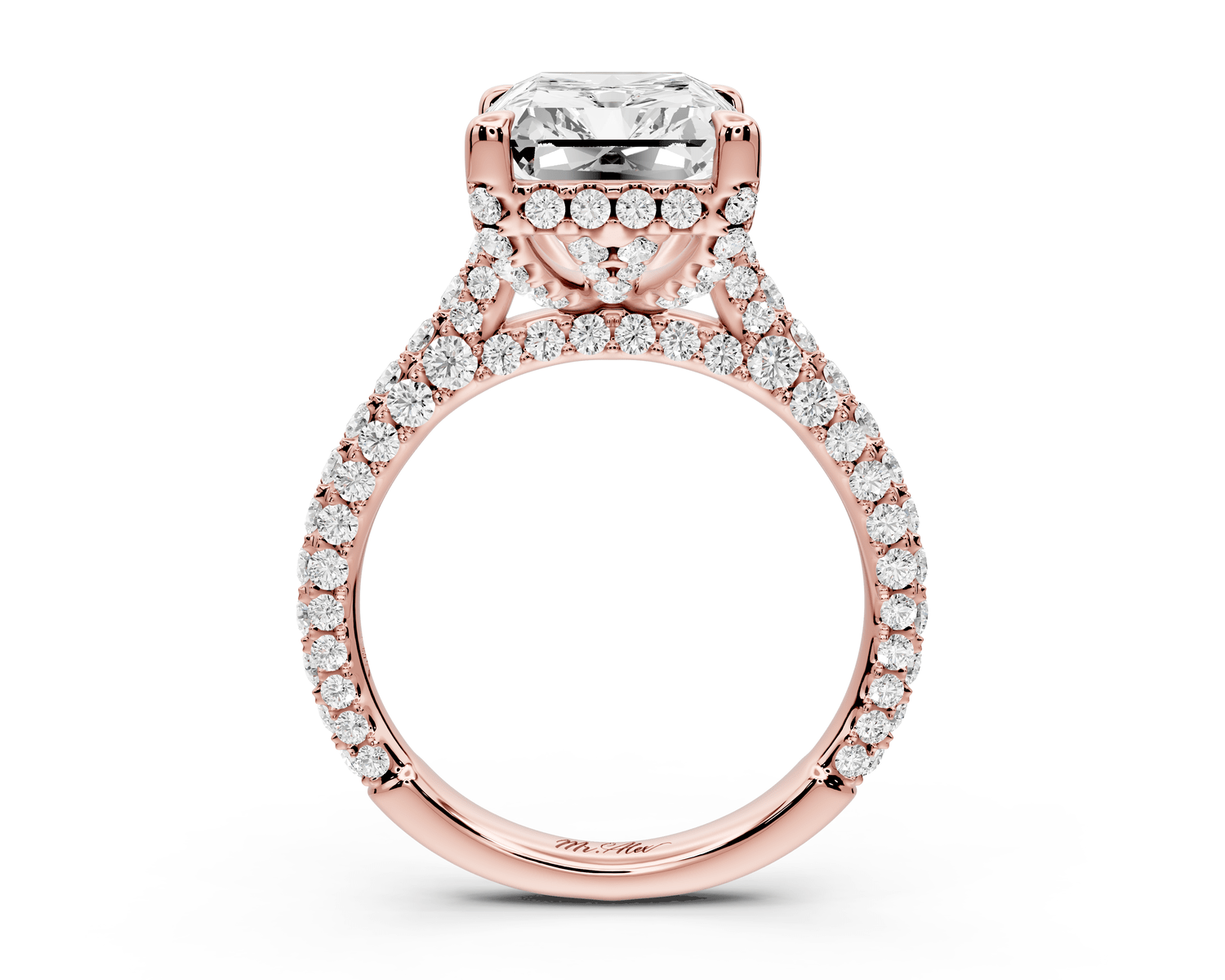 Bianca - 5ct 18k rose gold radiant Diamond hidden halo with a diamond crown and bridge rollover pave cathedral engagement ring - Mr. Alex Jewelry