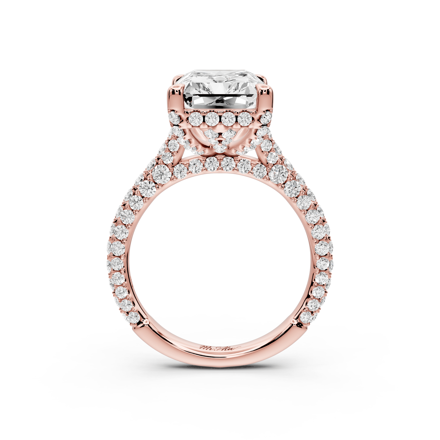 Bianca - 5ct 18k rose gold radiant Diamond hidden halo with a diamond crown and bridge rollover pave cathedral engagement ring - Mr. Alex Jewelry