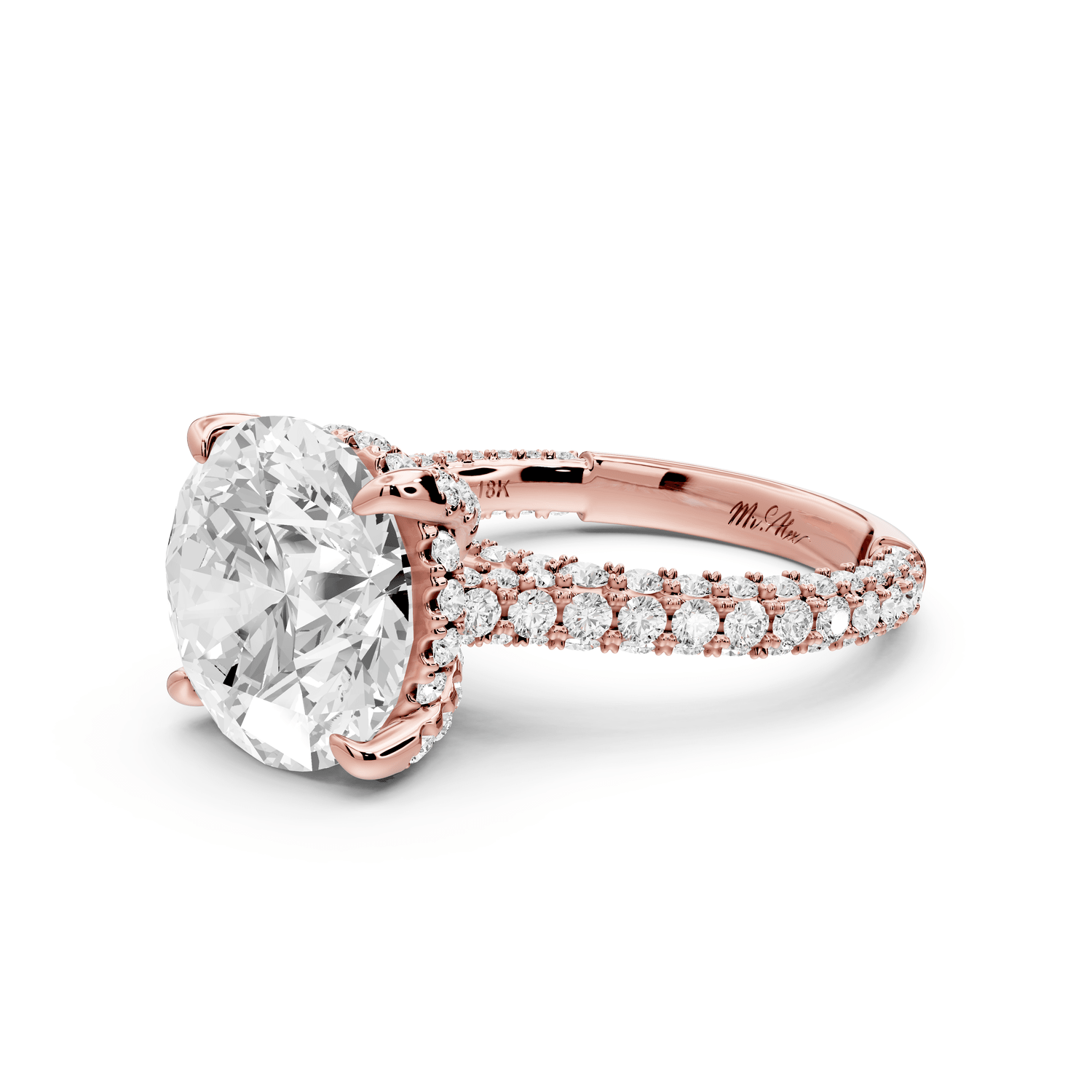 Bianca - 5ct 18k rose gold round Diamond hidden halo with a diamond crown and bridge rollover pave cathedral engagment ring - Mr. Alex Jewelry
