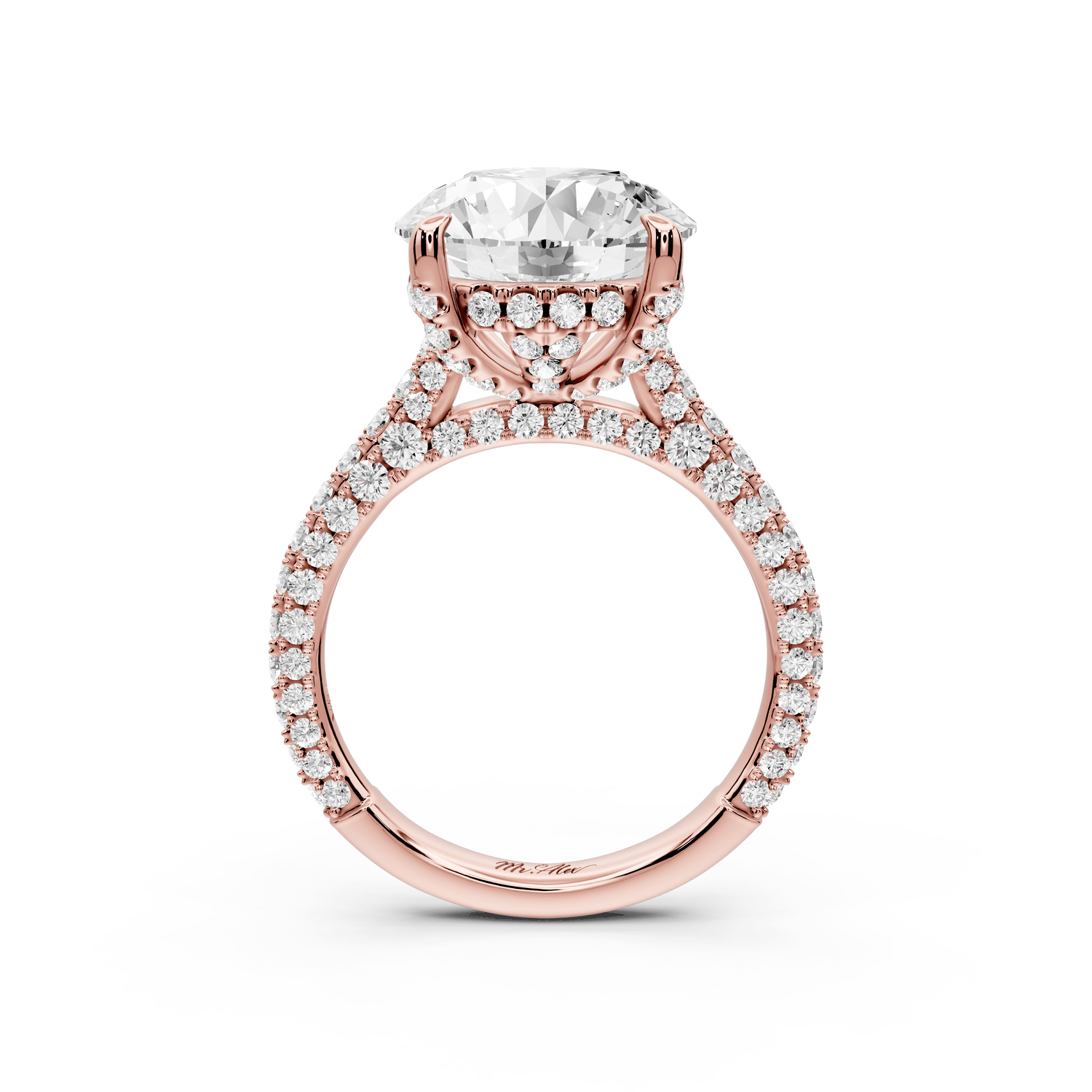 Bianca - 5ct 18k rose gold round Diamond hidden halo with a diamond crown and bridge rollover pave cathedral engagment ring - Mr. Alex Jewelry