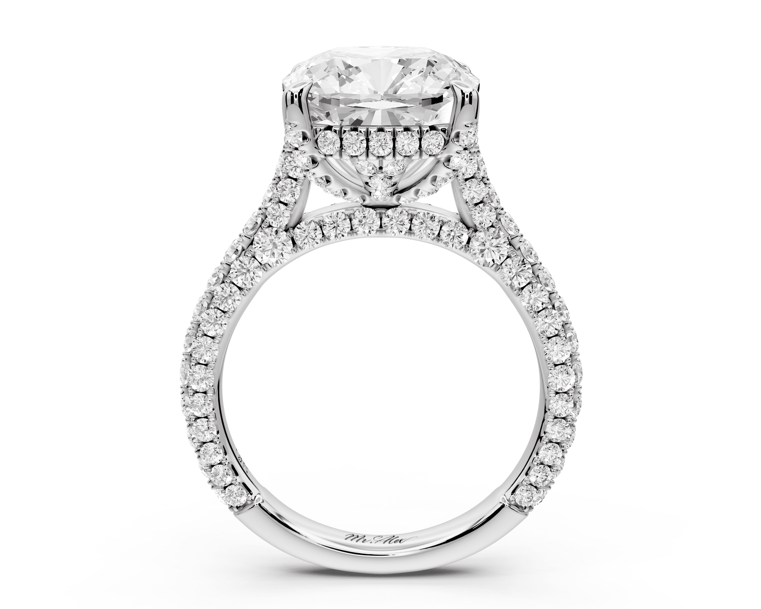 Bianca - 5ct 18k white gold cushion Diamond hidden halo with a diamond crown and bridge rollover pave cathedral engagement ring - Mr. Alex Jewelry