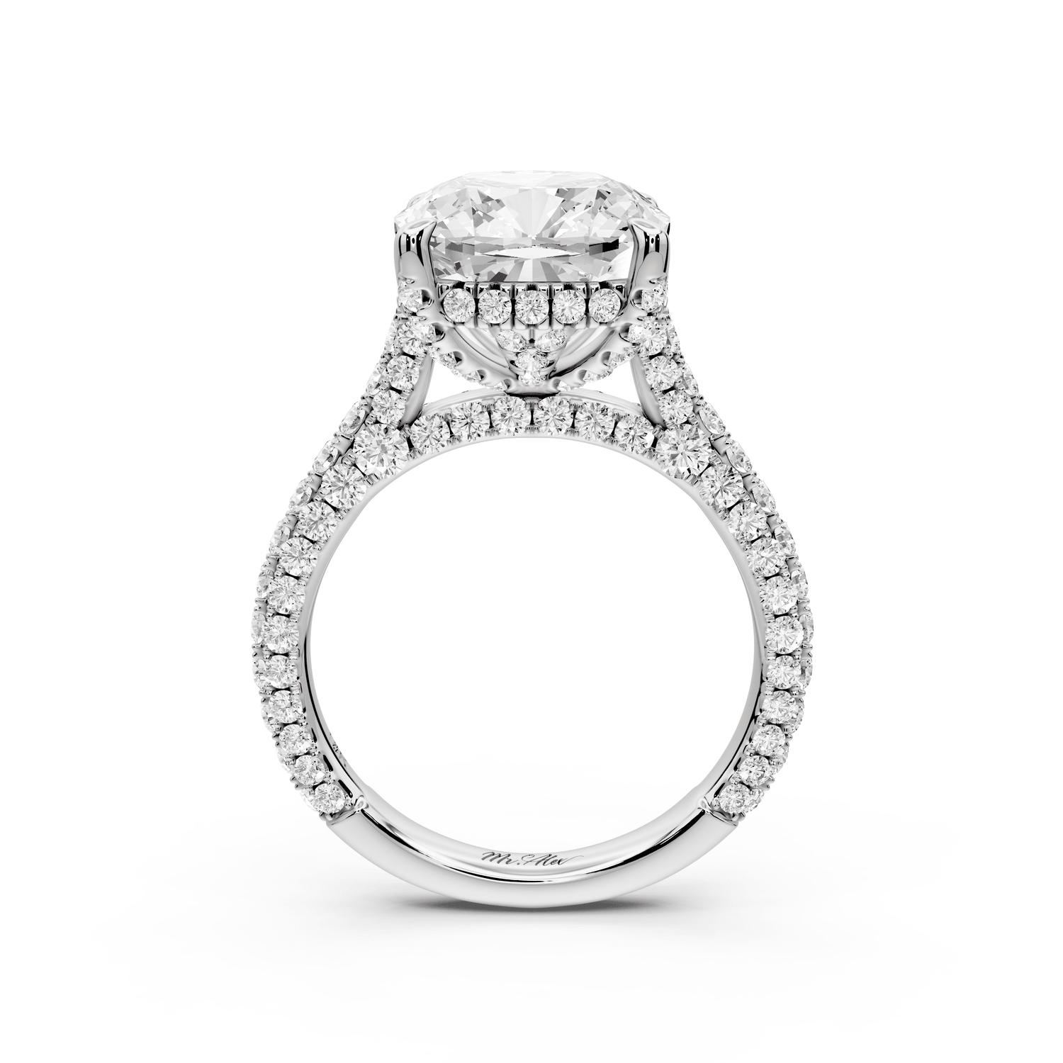 Bianca - 5ct 18k white gold cushion Diamond hidden halo with a diamond crown and bridge rollover pave cathedral engagement ring - Mr. Alex Jewelry