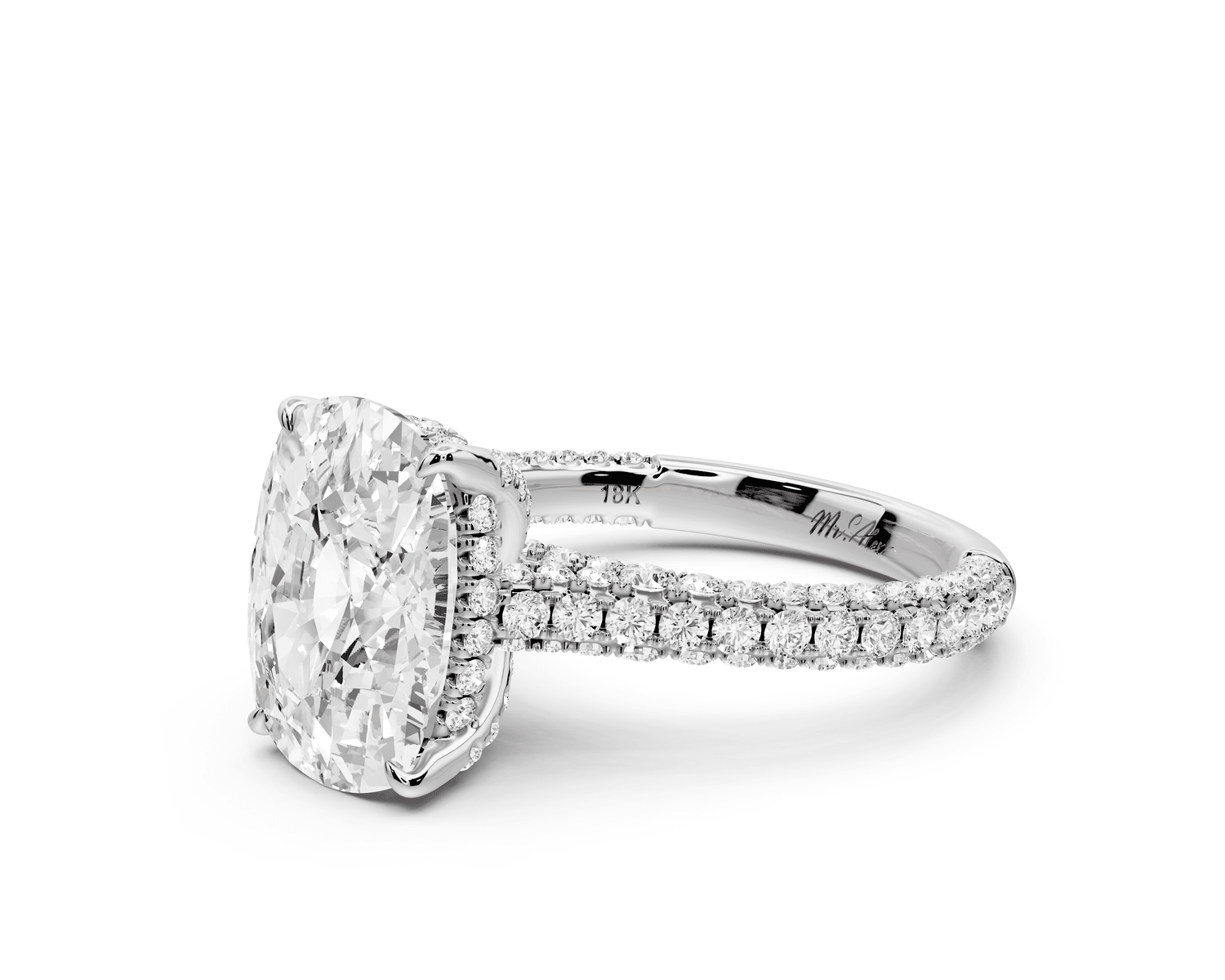 Bianca - 5ct 18k white gold ecushion Diamond hidden halo with a diamond crown and bridge rollover pave cathedral engagement ring - Mr. Alex Jewelry