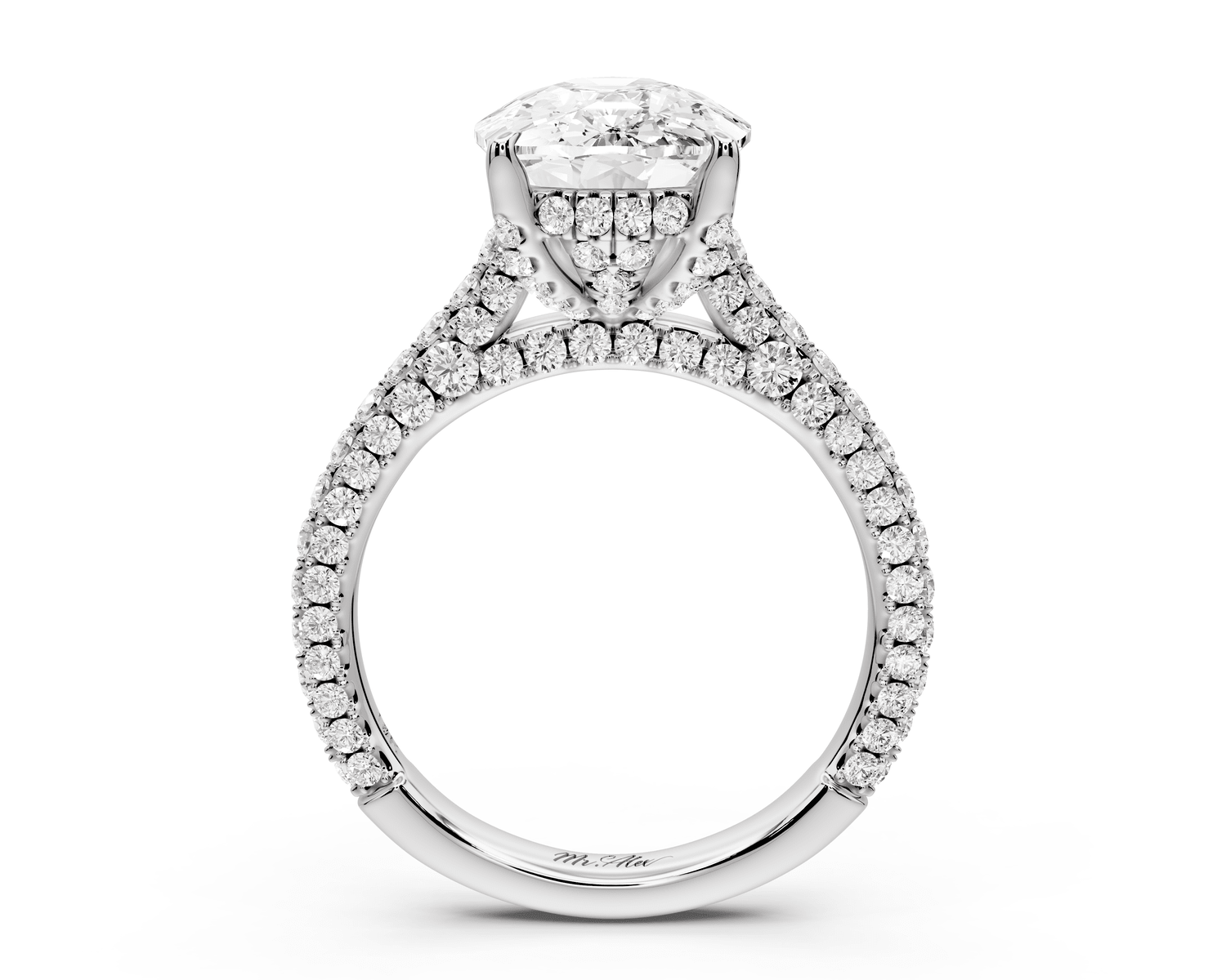 Bianca - 5ct 18k white gold ecushion Diamond hidden halo with a diamond crown and bridge rollover pave cathedral engagement ring - Mr. Alex Jewelry