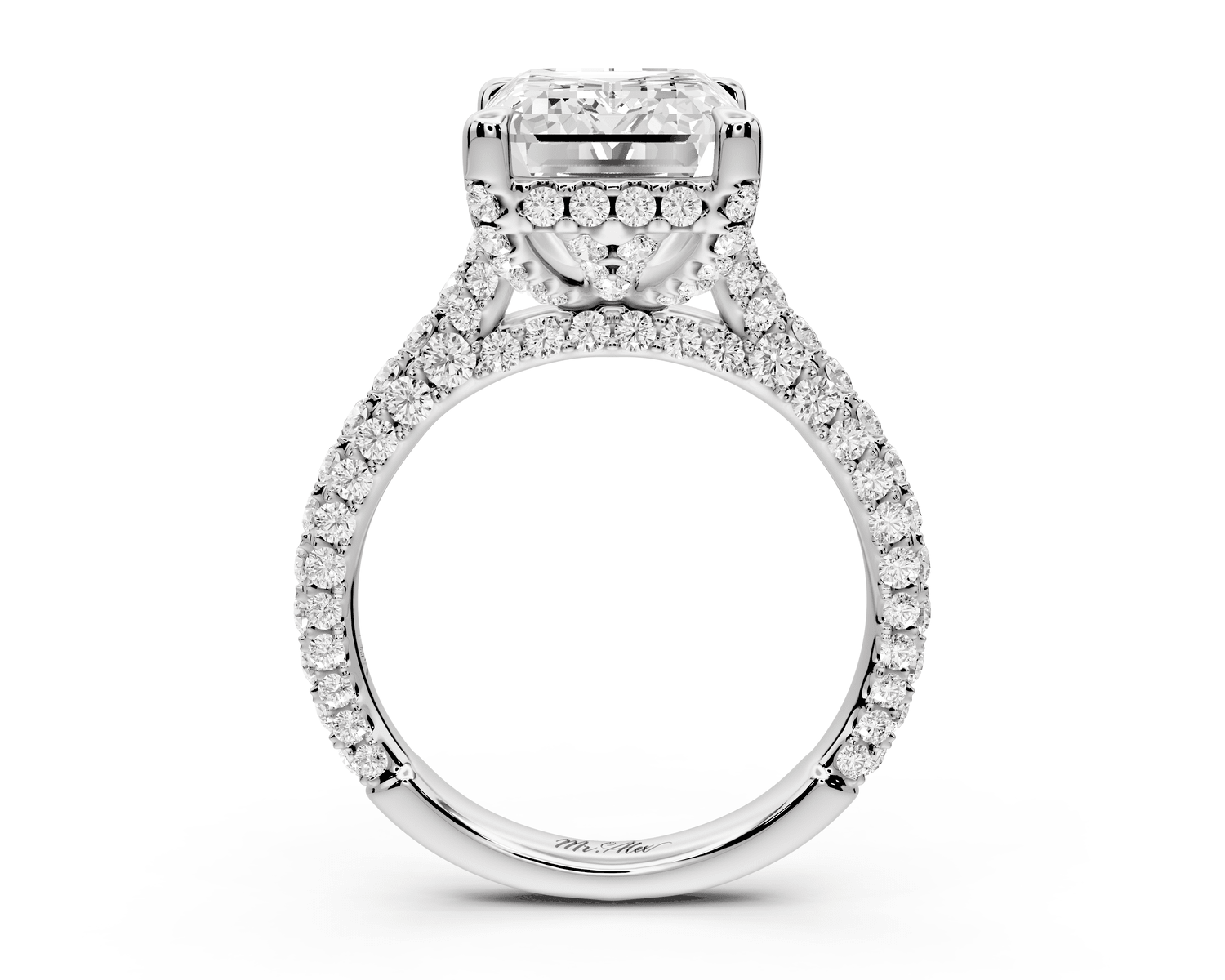 Bianca - 5ct 18k white gold emerald Diamond hidden halo with a diamond crown and bridge rollover pave cathedral Engagement ring - Mr. Alex Jewelry