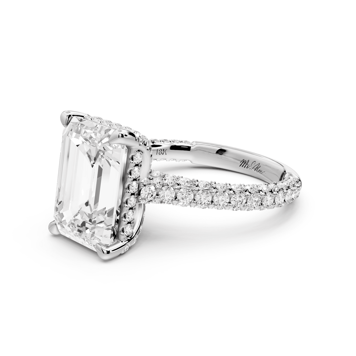 Bianca - 5ct 18k white gold emerald Diamond hidden halo with a diamond crown and bridge rollover pave cathedral Engagement ring - Mr. Alex Jewelry