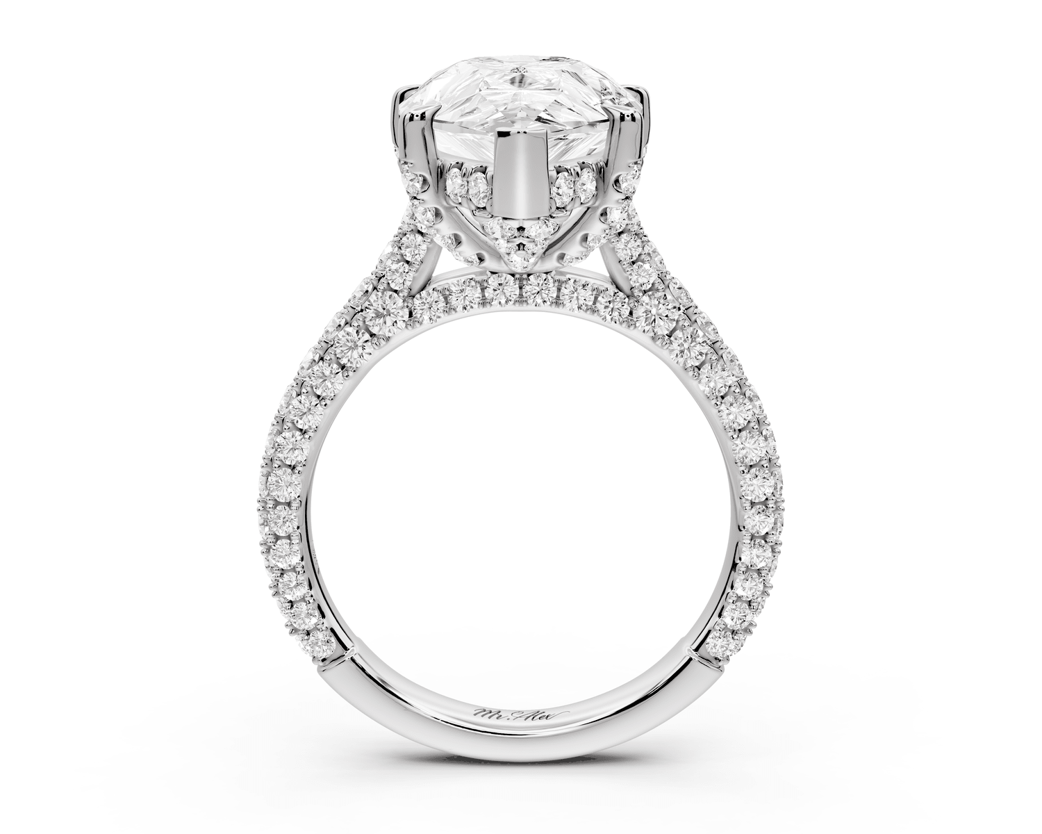 Bianca - 5ct 18k white gold pear Diamond hidden halo with a diamond crown and bridge rollover pave cathedral Engagement ring - Mr. Alex Jewelry