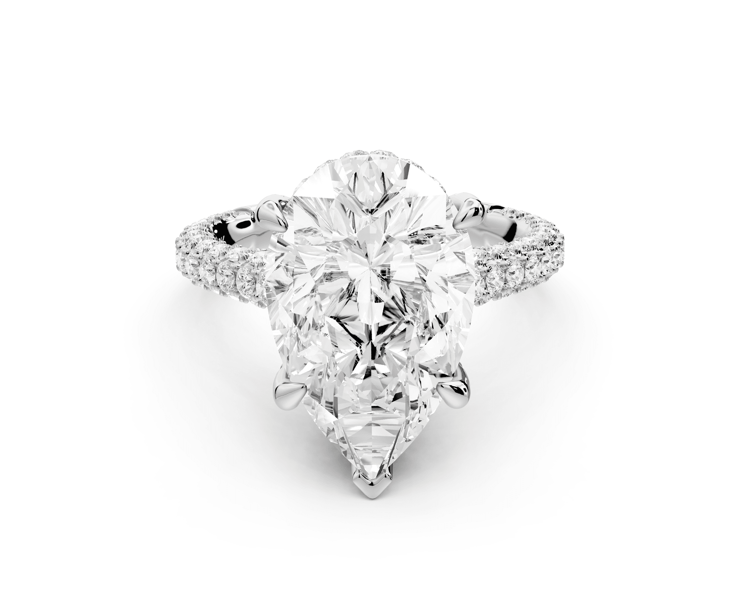 Bianca - 5ct 18k white gold pear Diamond hidden halo with a diamond crown and bridge rollover pave cathedral Engagement ring - Mr. Alex Jewelry