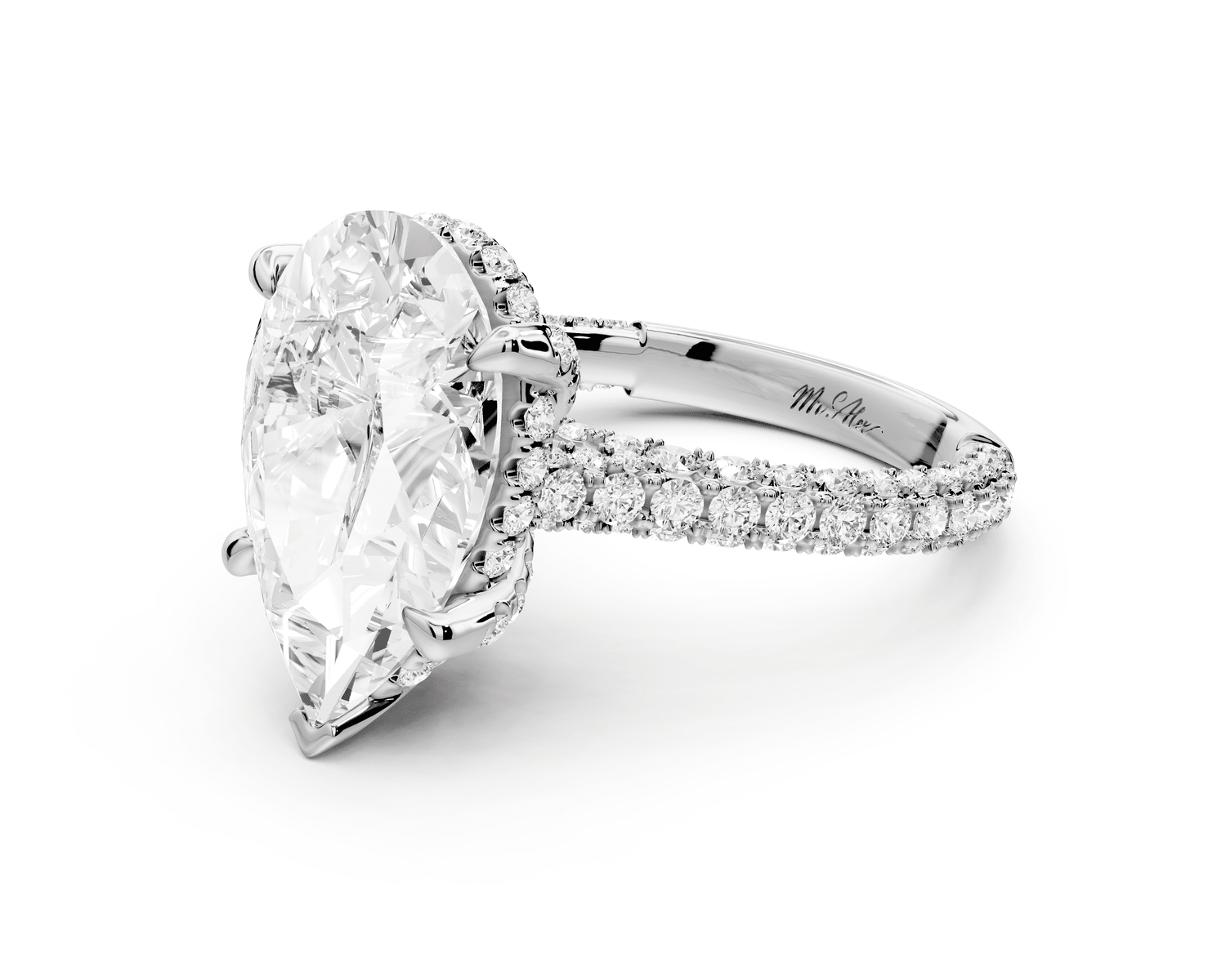 Bianca - 5ct 18k white gold pear Diamond hidden halo with a diamond crown and bridge rollover pave cathedral Engagement ring - Mr. Alex Jewelry