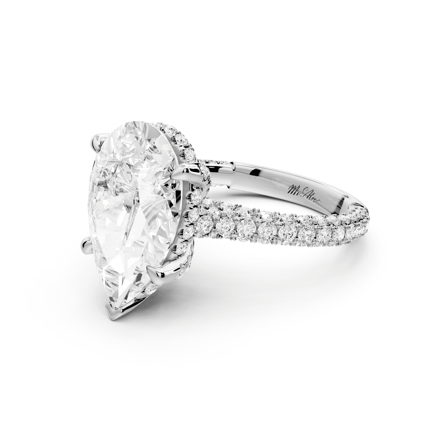 Bianca - 5ct 18k white gold pear Diamond hidden halo with a diamond crown and bridge rollover pave cathedral Engagement ring - Mr. Alex Jewelry
