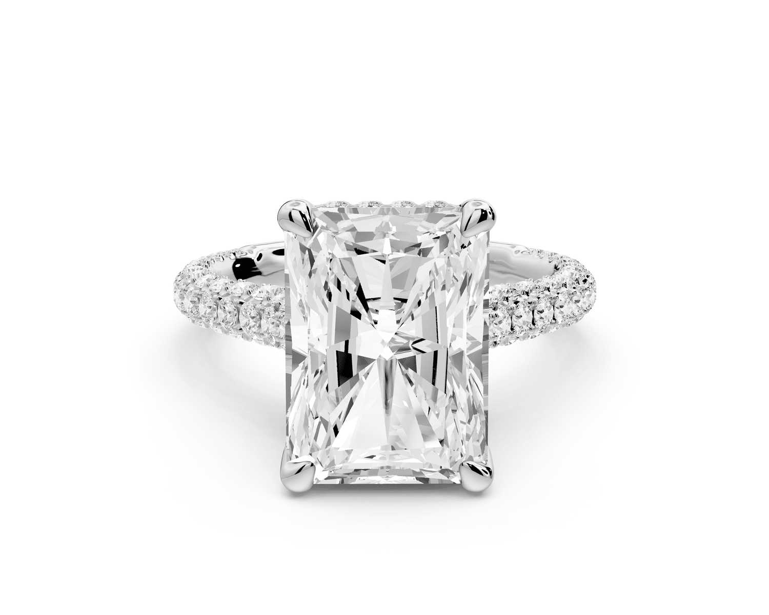 Bianca - 5ct 18k white gold radiant Diamond hidden halo with a diamond crown and bridge rollover pave cathedral engagement ring - Mr. Alex Jewelry