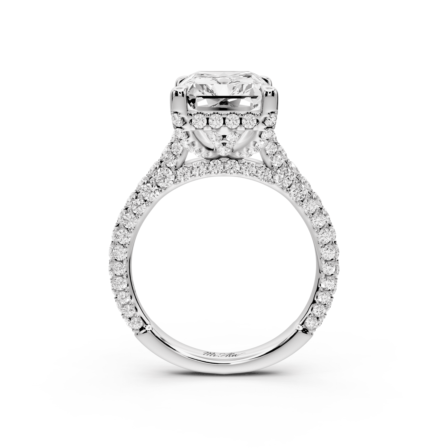 Bianca - 5ct 18k white gold radiant Diamond hidden halo with a diamond crown and bridge rollover pave cathedral engagement ring - Mr. Alex Jewelry