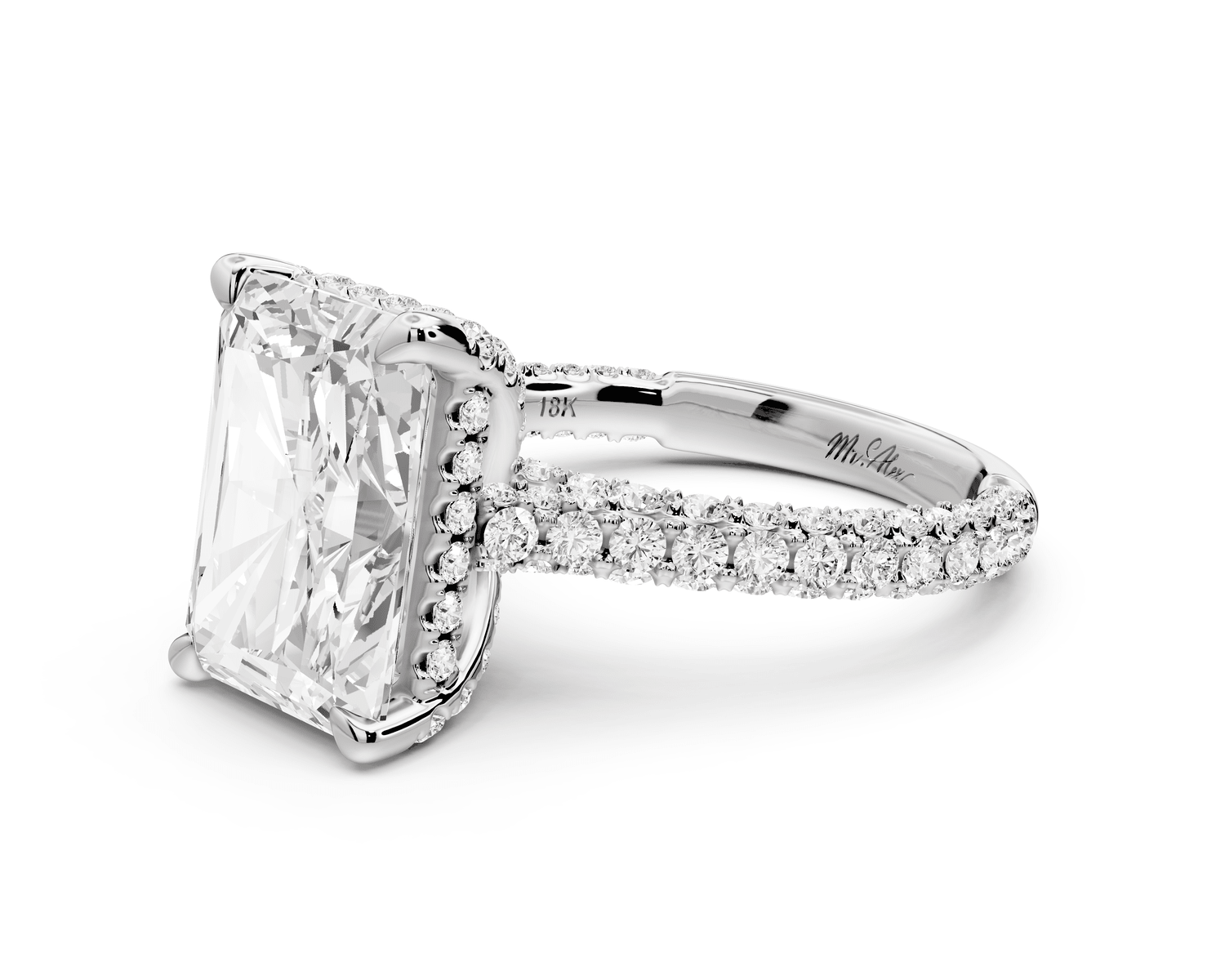 Bianca - 5ct 18k white gold radiant Diamond hidden halo with a diamond crown and bridge rollover pave cathedral engagement ring - Mr. Alex Jewelry
