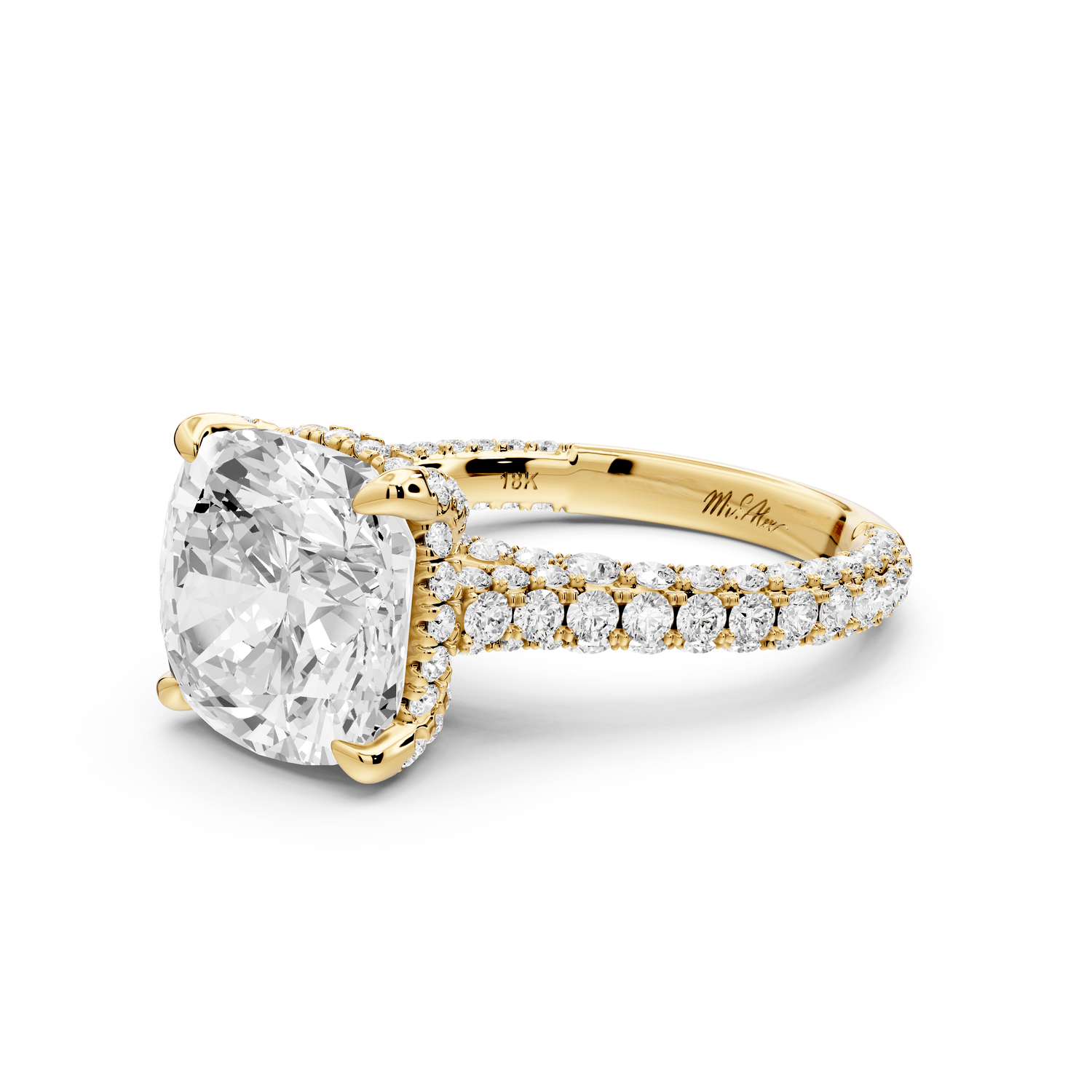 Bianca - 5ct 18k yellow gold cushion Diamond hidden halo with a diamond crown and bridge rollover pave cathedral engagement ring - Mr. Alex Jewelry