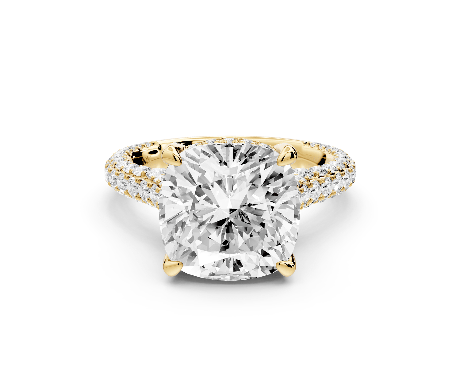 Bianca - 5ct 18k yellow gold cushion Diamond hidden halo with a diamond crown and bridge rollover pave cathedral engagement ring - Mr. Alex Jewelry