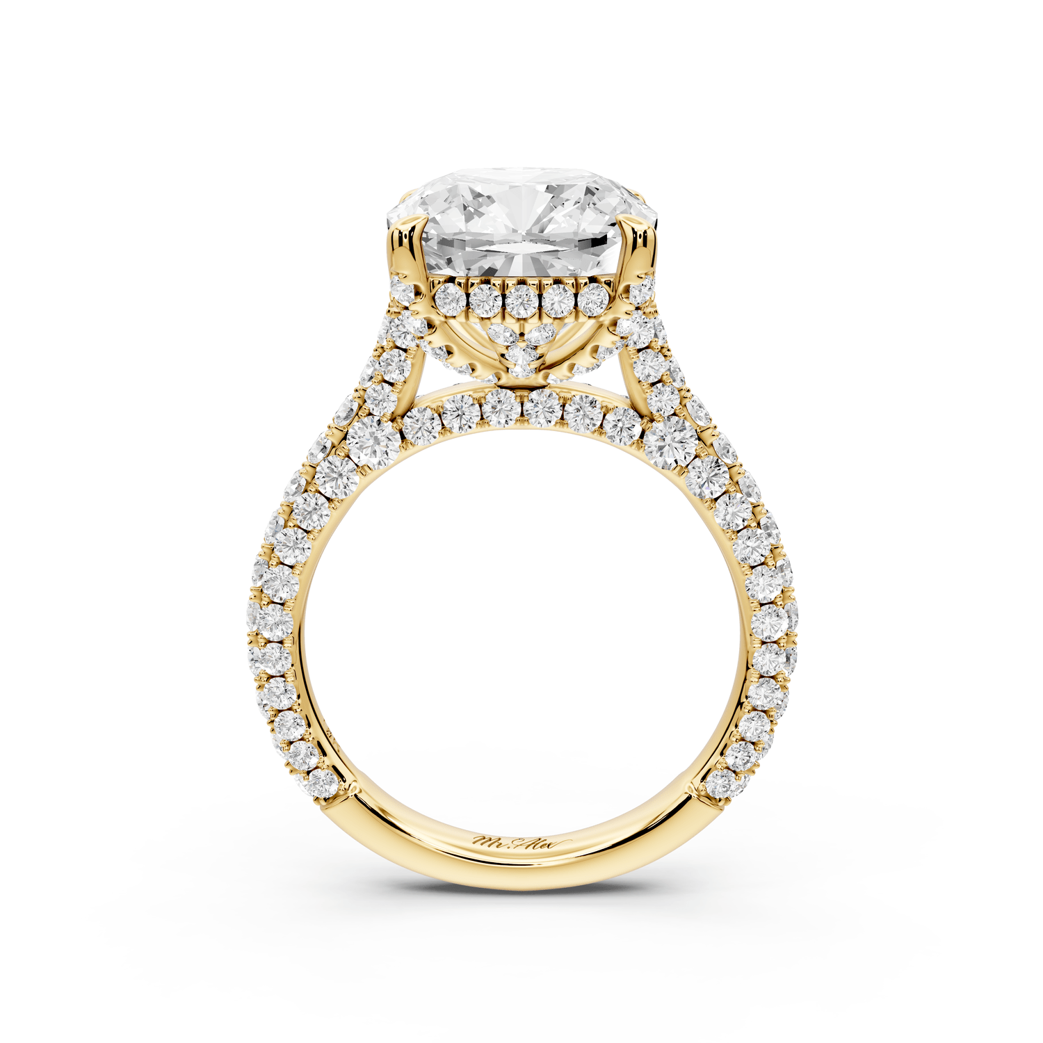 Bianca - 5ct 18k yellow gold cushion Diamond hidden halo with a diamond crown and bridge rollover pave cathedral engagement ring - Mr. Alex Jewelry