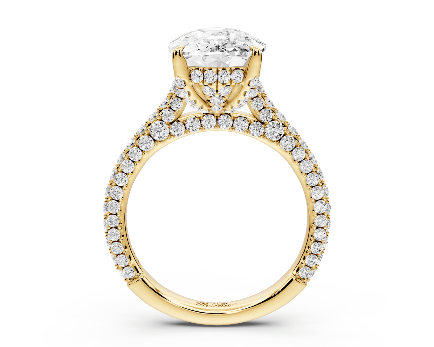 Bianca - 5ct 18k yellow gold ecushion Diamond hidden halo with a diamond crown and bridge rollover pave cathedral engagement ring - Mr. Alex Jewelry