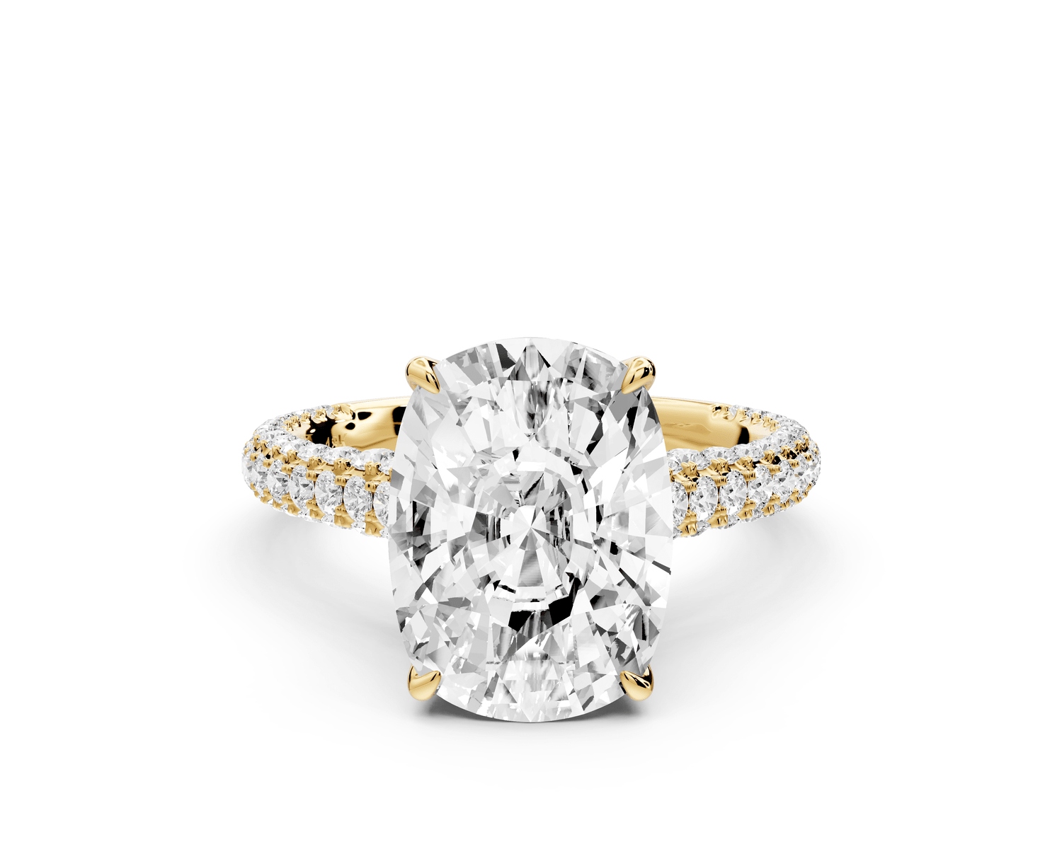 Bianca - 5ct 18k yellow gold ecushion Diamond hidden halo with a diamond crown and bridge rollover pave cathedral engagement ring - Mr. Alex Jewelry