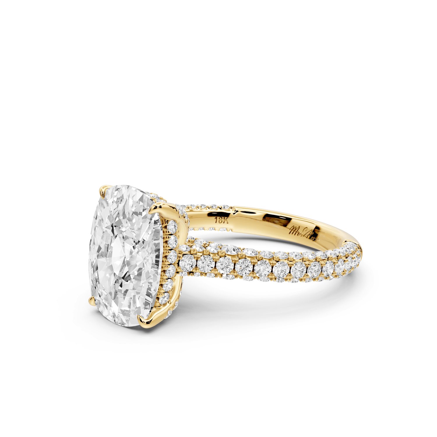 Bianca - 5ct 18k yellow gold ecushion Diamond hidden halo with a diamond crown and bridge rollover pave cathedral engagement ring - Mr. Alex Jewelry