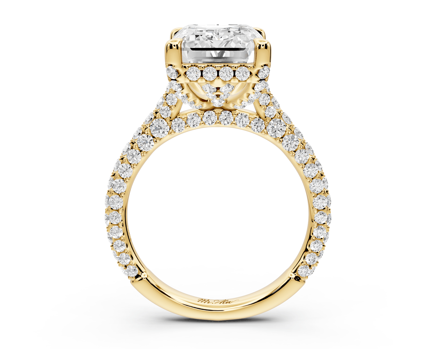 Bianca - 5ct 18k yellow gold emerald Diamond hidden halo with a diamond crown and bridge rollover pave cathedral Engagement ring - Mr. Alex Jewelry