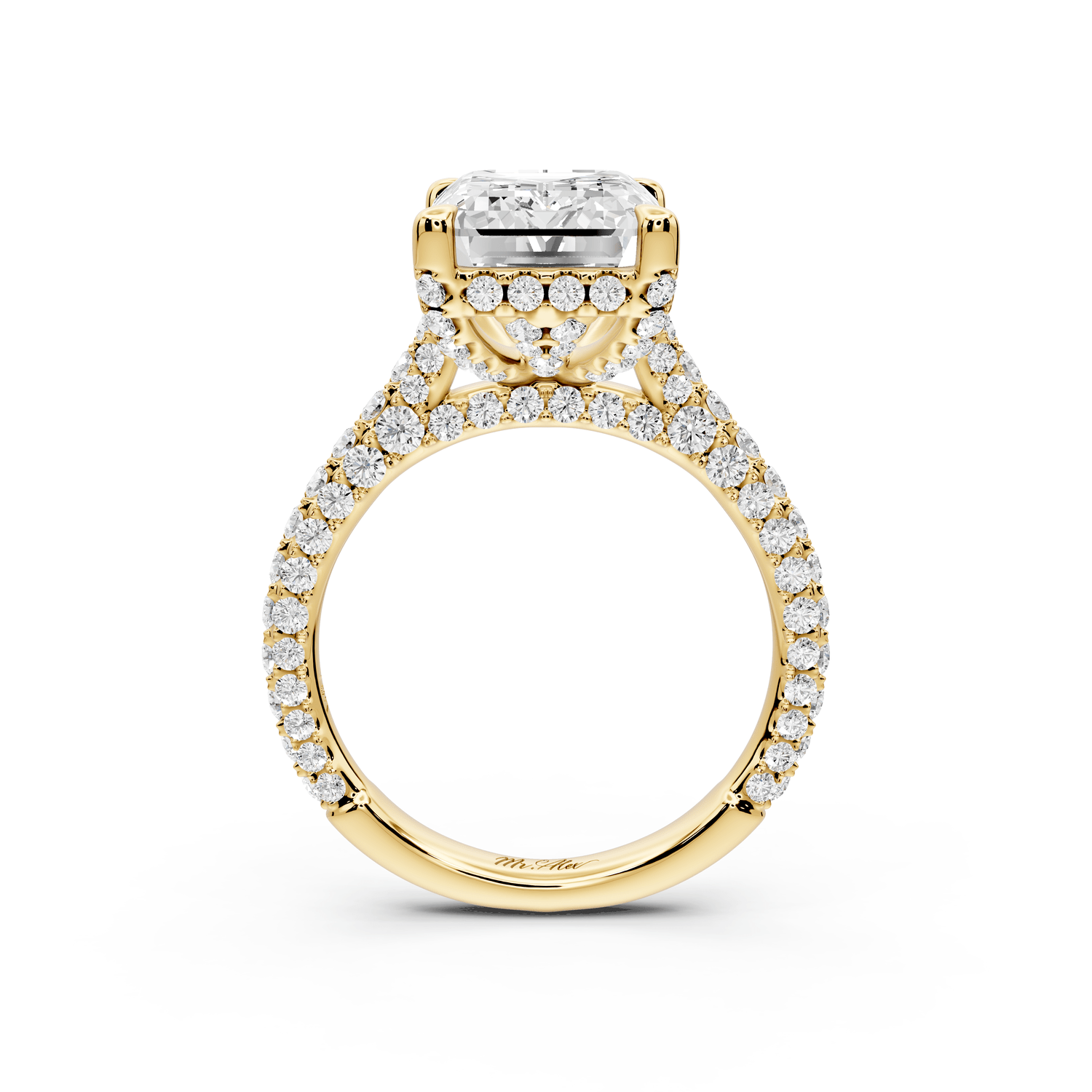 Bianca - 5ct 18k yellow gold emerald Diamond hidden halo with a diamond crown and bridge rollover pave cathedral Engagement ring - Mr. Alex Jewelry