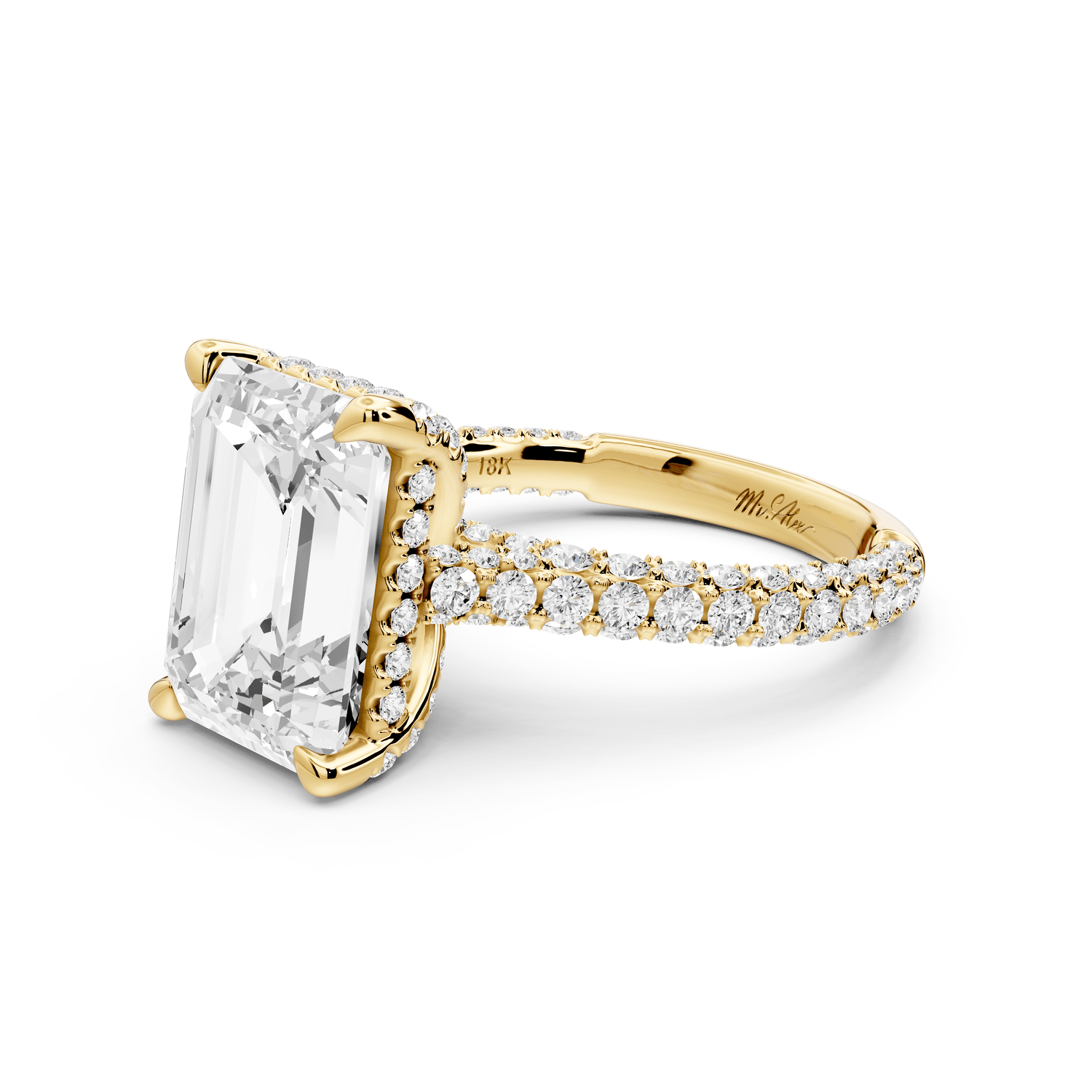 Bianca - 5ct 18k yellow gold emerald Diamond hidden halo with a diamond crown and bridge rollover pave cathedral Engagement ring - Mr. Alex Jewelry