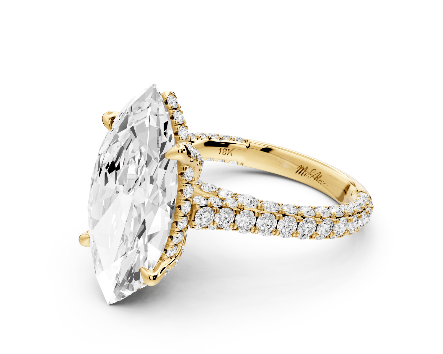 Bianca - 5ct 18k yellow gold marquise Diamond hidden halo with a diamond crown and bridge rollover pave cathedral engagement ring - Mr. Alex Jewelry
