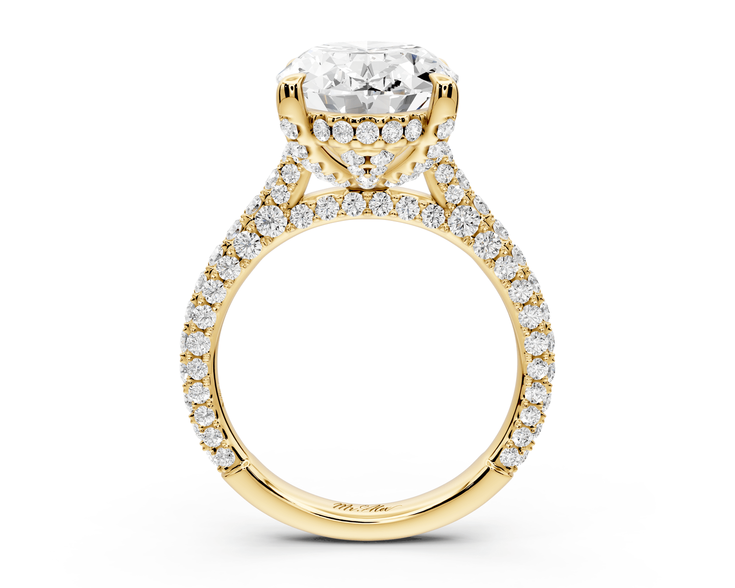 Bianca - 5ct 18k yellow gold oval Diamond hidden halo with a diamond crown and bridge rollover pave cathedral Engagement ring - Mr. Alex Jewelry