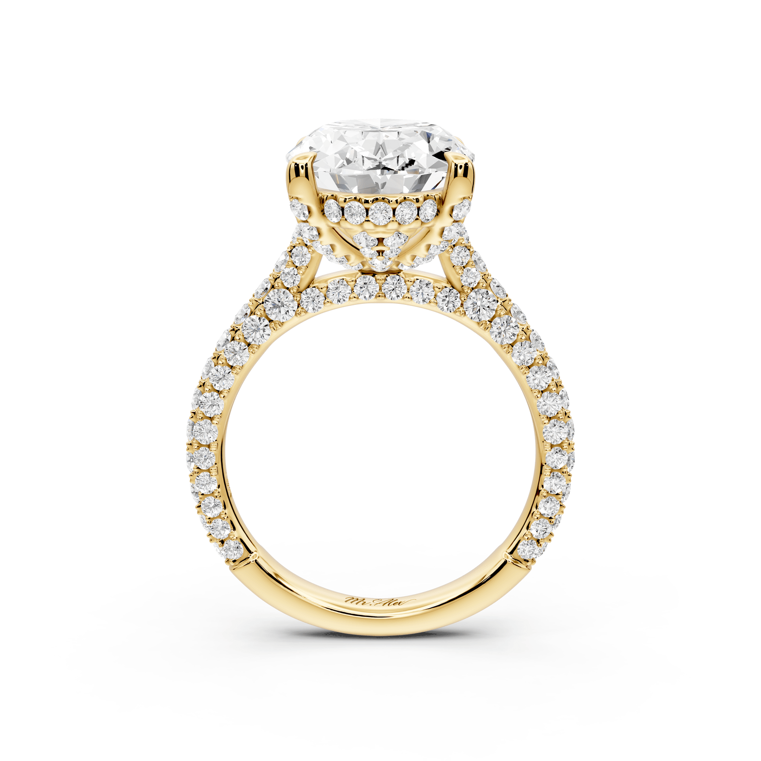 Bianca - 5ct 18k yellow gold oval Diamond hidden halo with a diamond crown and bridge rollover pave cathedral Engagement ring - Mr. Alex Jewelry