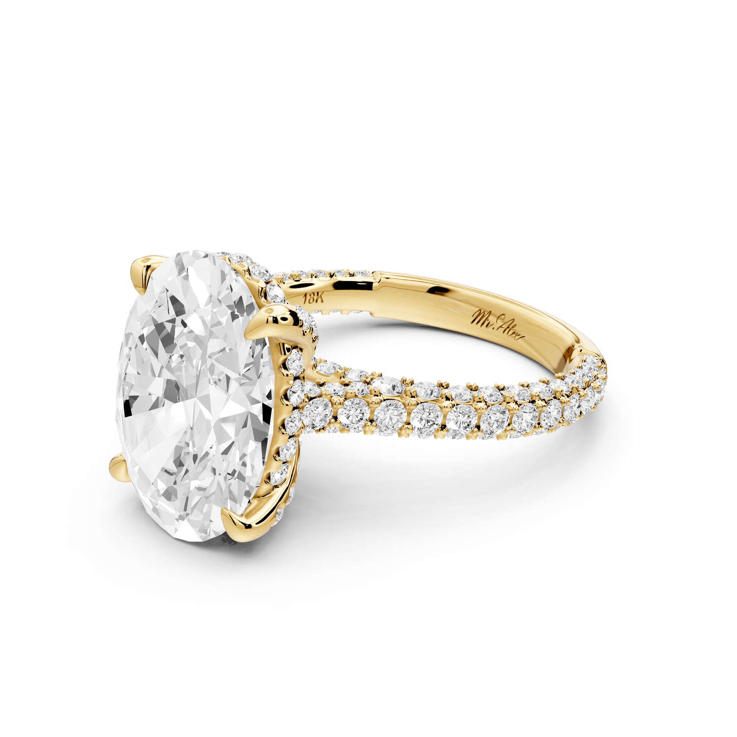 Bianca - 5ct 18k yellow gold oval Diamond hidden halo with a diamond crown and bridge rollover pave cathedral Engagement ring - Mr. Alex Jewelry