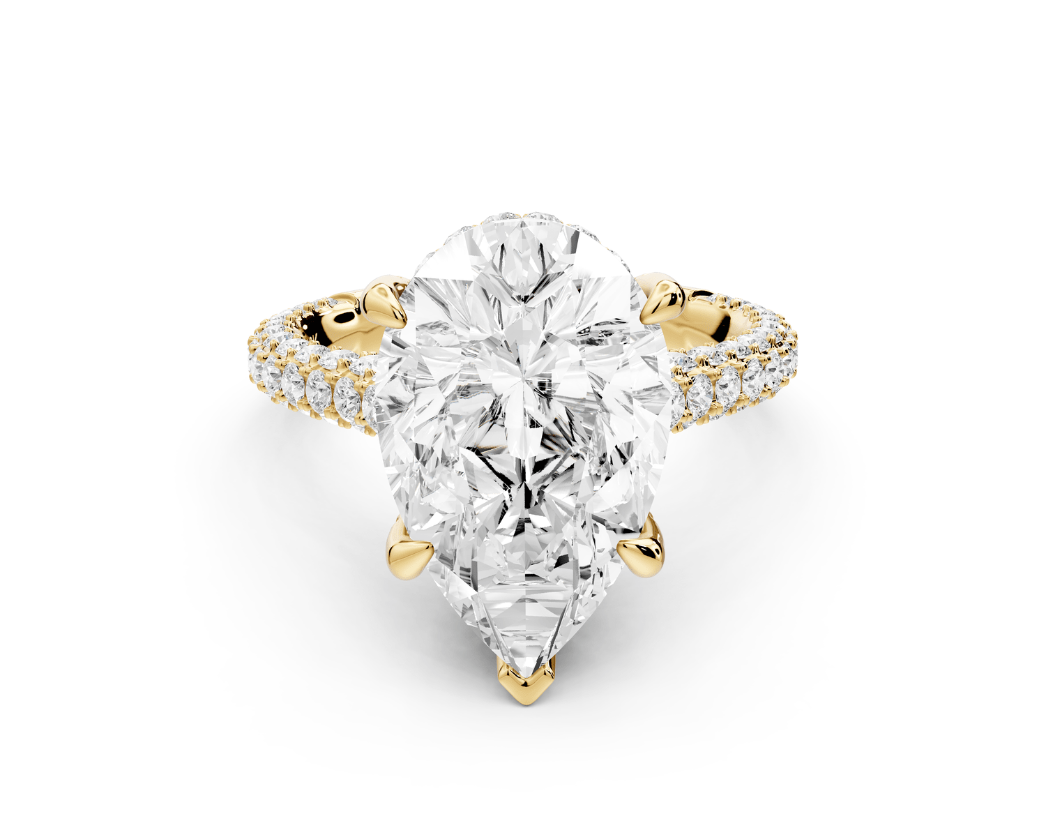 Bianca - 5ct 18k yellow gold pear Diamond hidden halo with a diamond crown and bridge rollover pave cathedral Engagement ring - Mr. Alex Jewelry