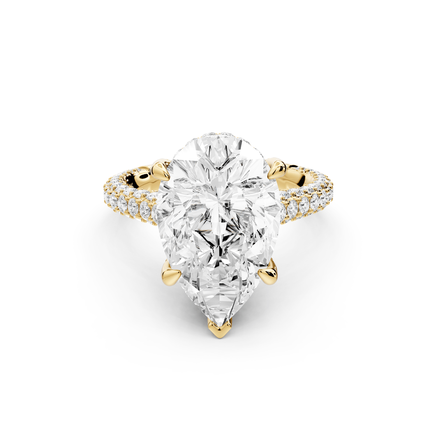 Bianca - 5ct 18k yellow gold pear Diamond hidden halo with a diamond crown and bridge rollover pave cathedral Engagement ring - Mr. Alex Jewelry