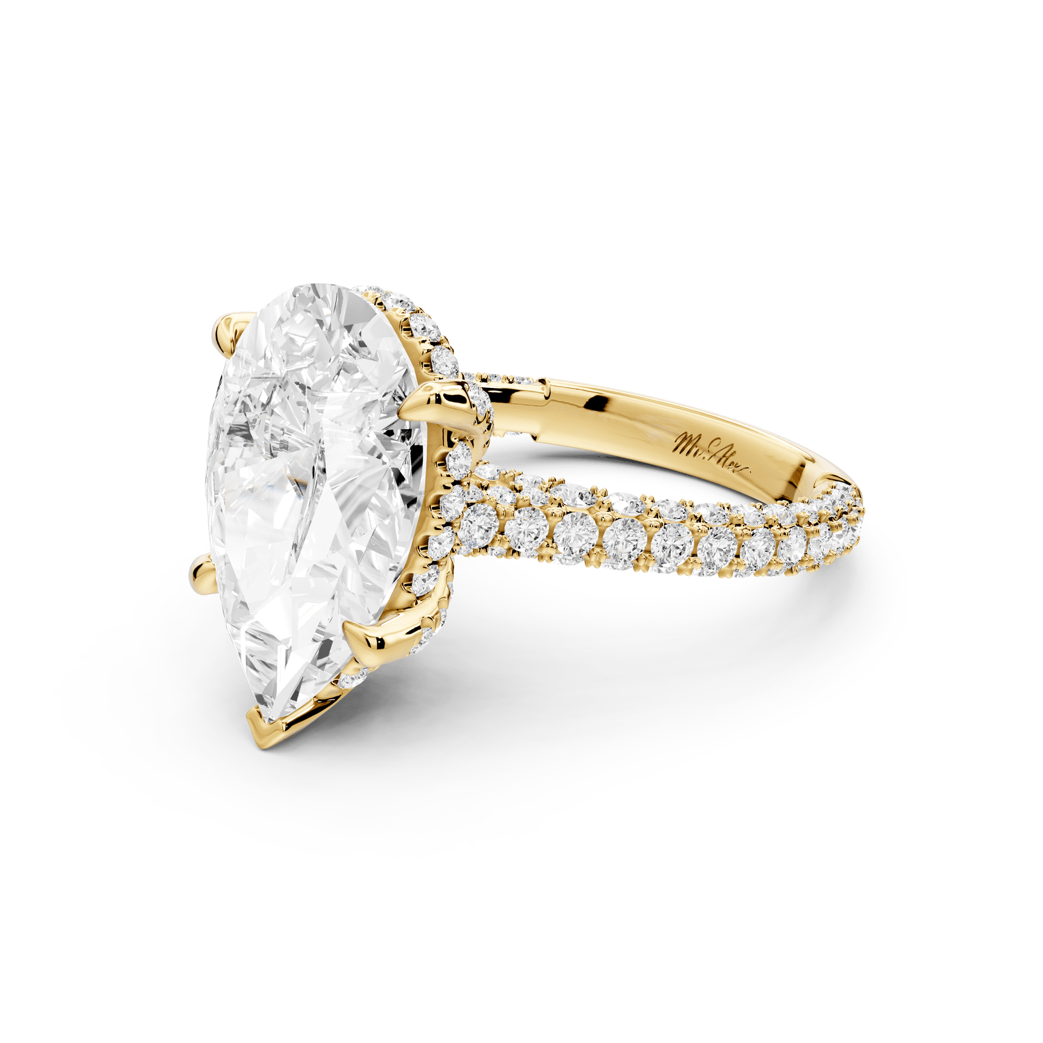 Bianca - 5ct 18k yellow gold pear Diamond hidden halo with a diamond crown and bridge rollover pave cathedral Engagement ring - Mr. Alex Jewelry