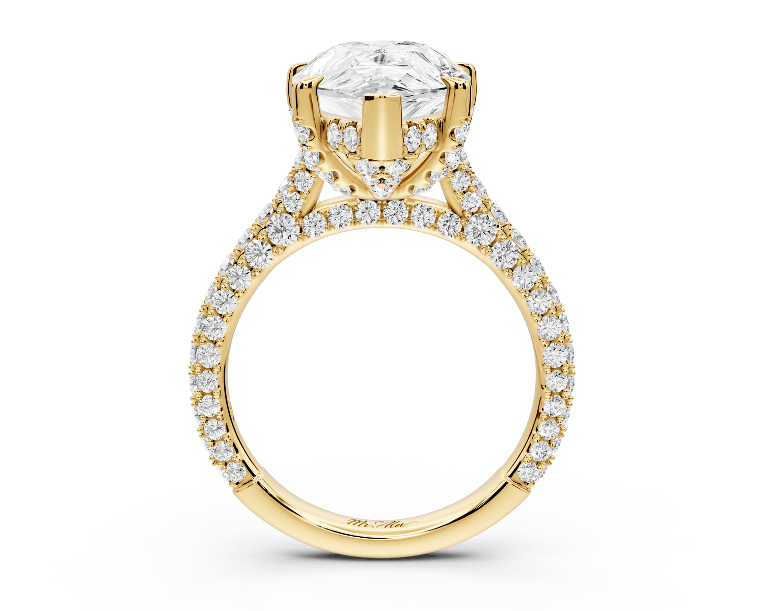 Bianca - 5ct 18k yellow gold pear Diamond hidden halo with a diamond crown and bridge rollover pave cathedral Engagement ring - Mr. Alex Jewelry