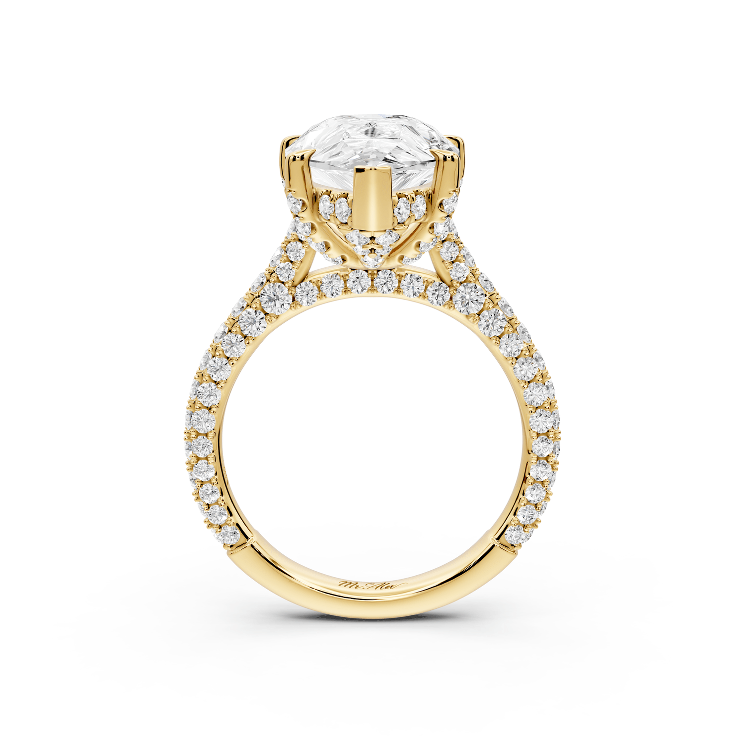 Bianca - 5ct 18k yellow gold pear Diamond hidden halo with a diamond crown and bridge rollover pave cathedral Engagement ring - Mr. Alex Jewelry