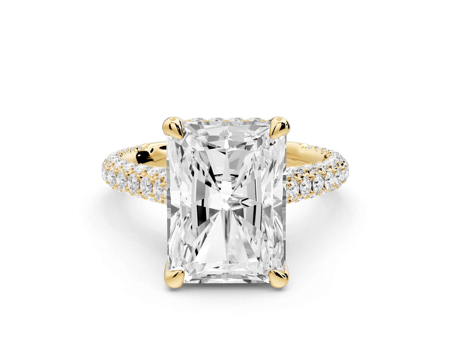 Bianca - 5ct 18k yellow gold radiant Diamond hidden halo with a diamond crown and bridge rollover pave cathedral engagement ring - Mr. Alex Jewelry