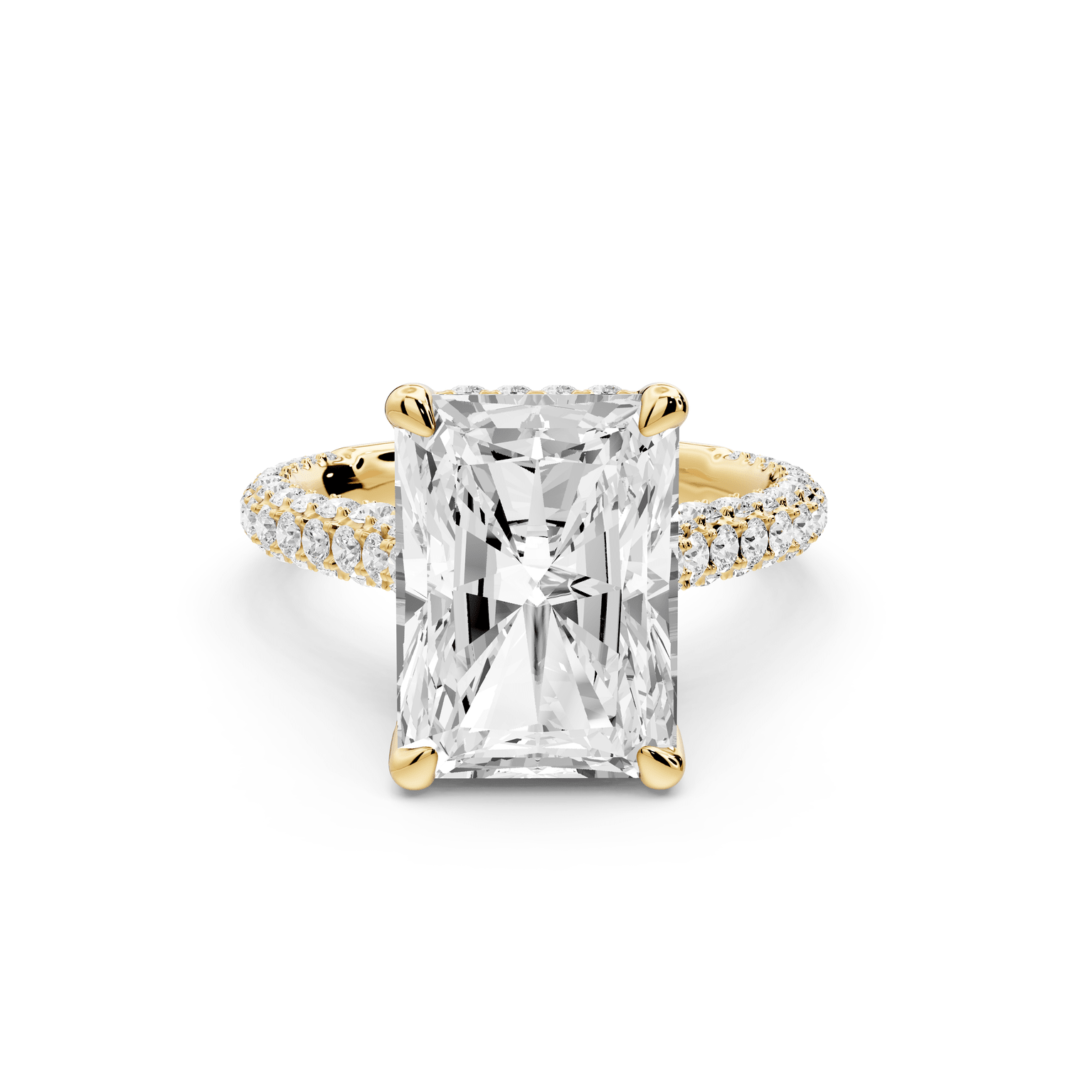 Bianca - 5ct 18k yellow gold radiant Diamond hidden halo with a diamond crown and bridge rollover pave cathedral engagement ring - Mr. Alex Jewelry